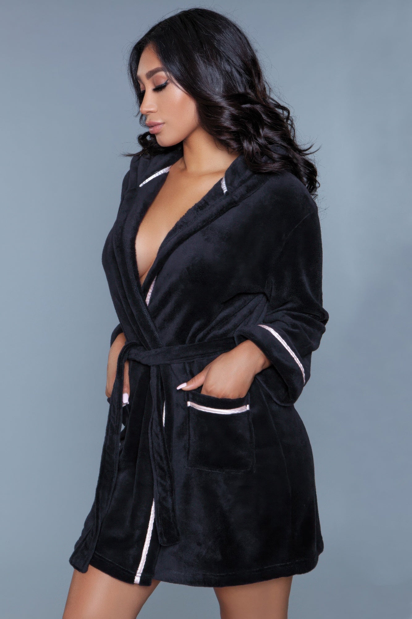 Alyssa Robe in black with pink trim