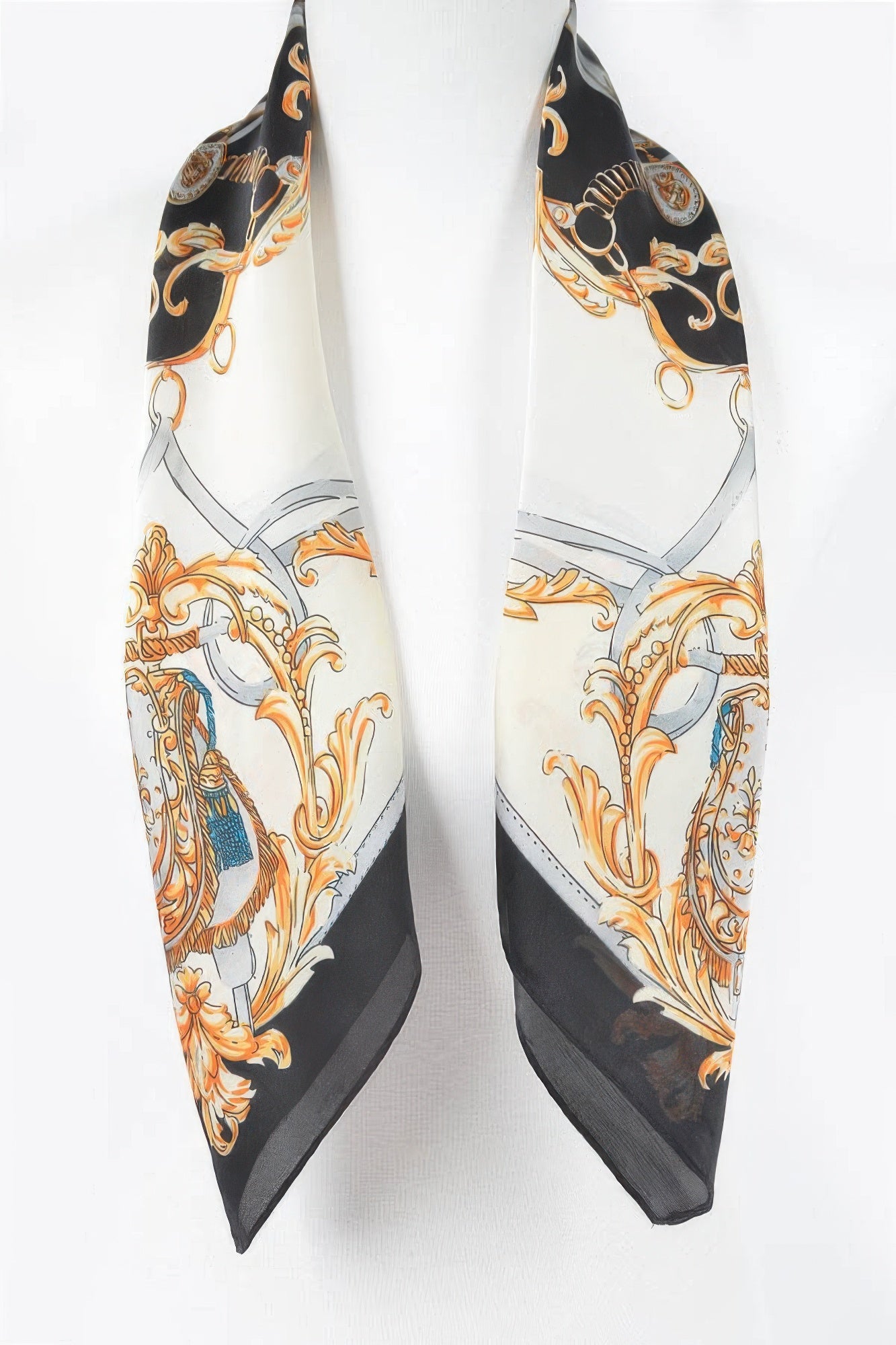 Multi Print Bandana with black, white, and gold baroque pattern