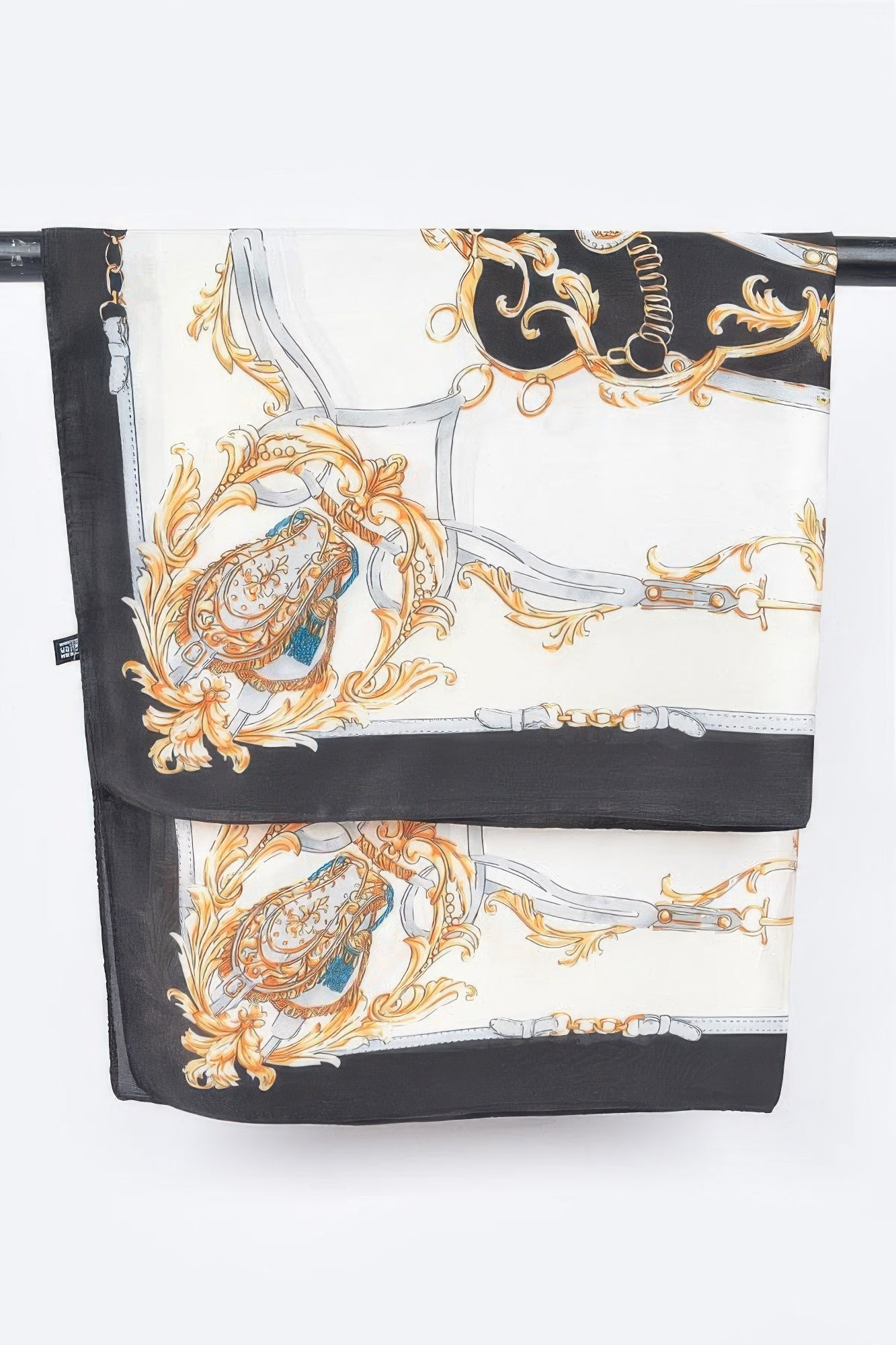 Multi Print Bandana with black, white, and gold baroque pattern