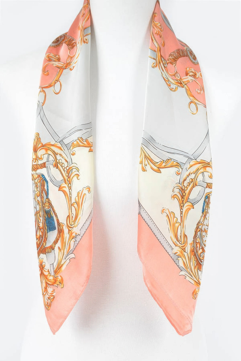 Multi Print Bandana with ornate gold, grey, and blue patterns on a white and peach background
