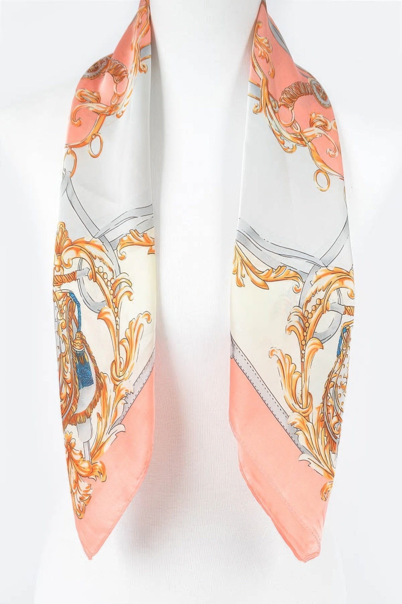 Multi Print Bandana with ornate gold, grey, and blue patterns on a white and peach background