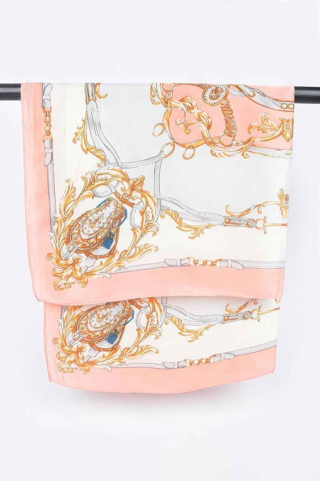 Multi Print Bandana with a white background and a peach border, featuring gold and silver baroque patterns