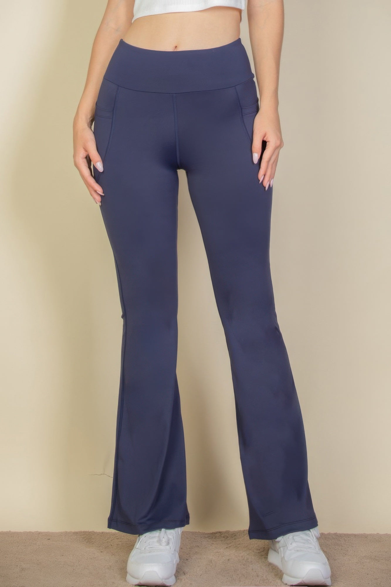 High-Waist Flare Leggings with Side Pockets in navy blue
