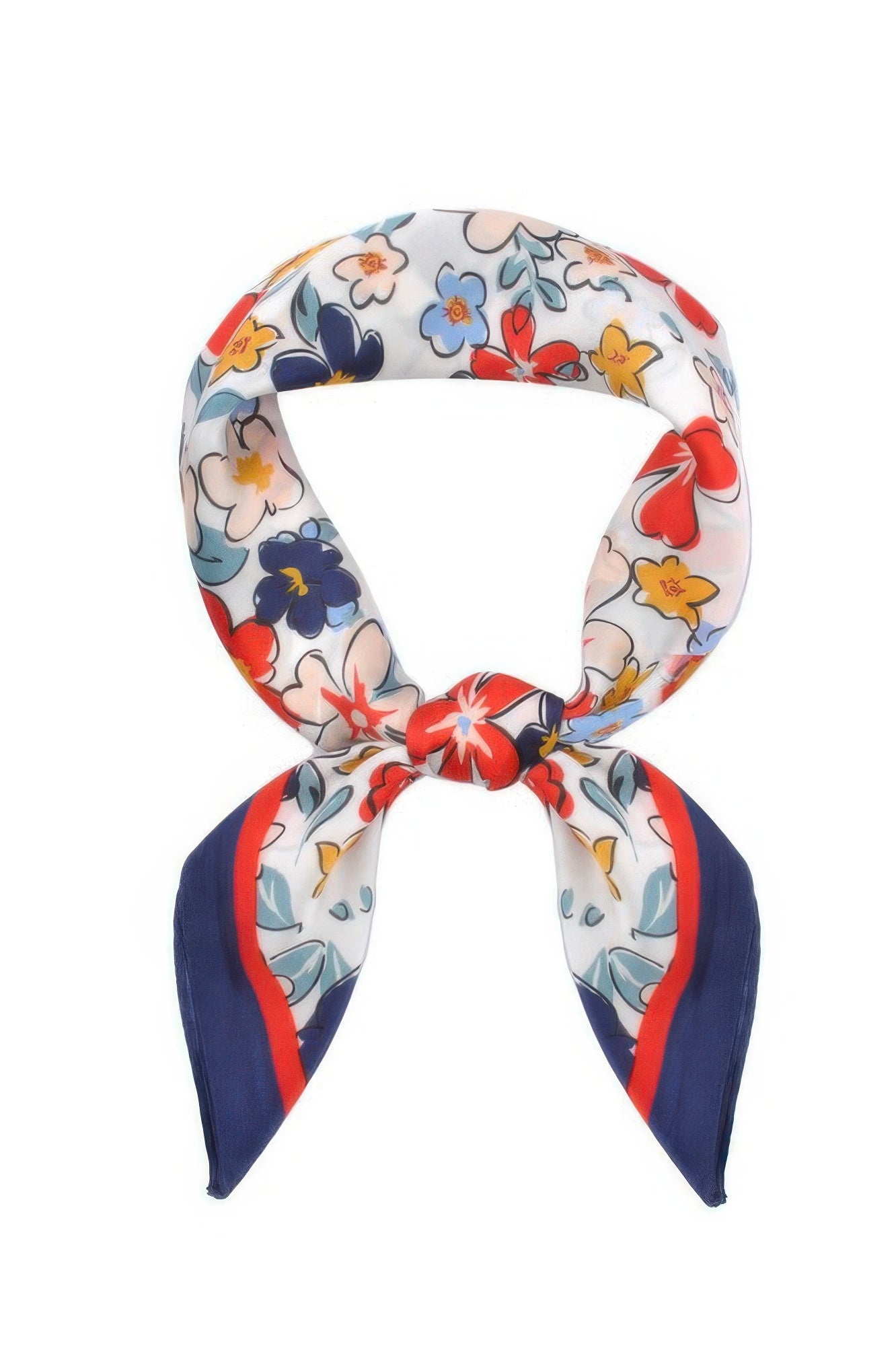 Flower Print Bandana with a white background and a pattern of red, blue, and yellow flowers