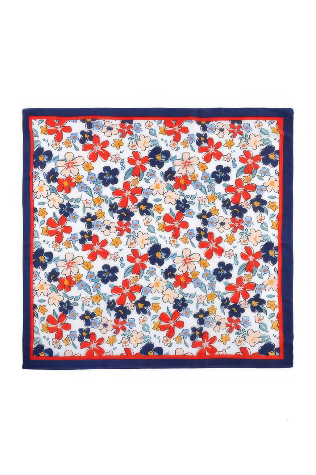 Flower Print Bandana with red, blue, yellow, and peach flowers on a white background with a navy and red border