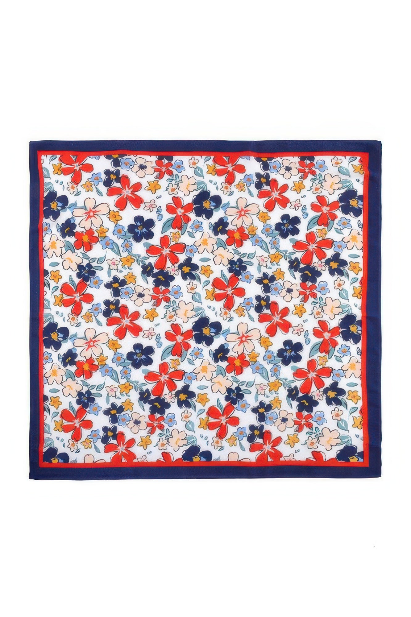 Flower Print Bandana with red, blue, yellow, and peach flowers on a white background with a navy and red border