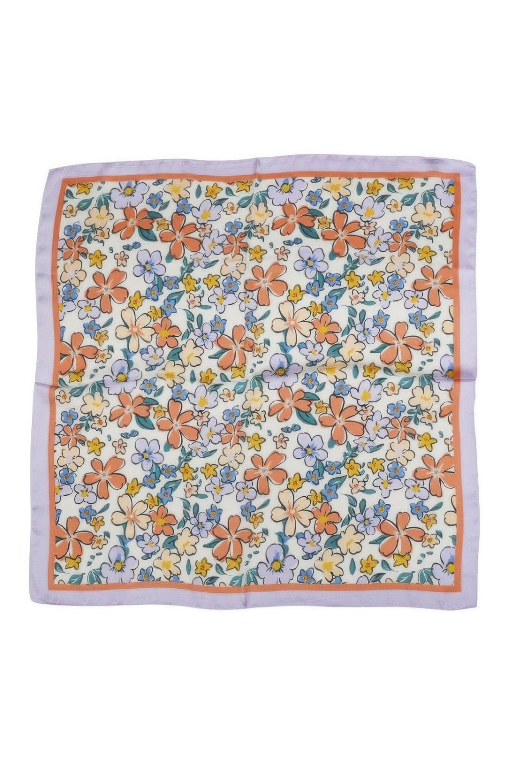 Flower Print Bandana with orange, blue, and yellow flowers on a white background with a purple border