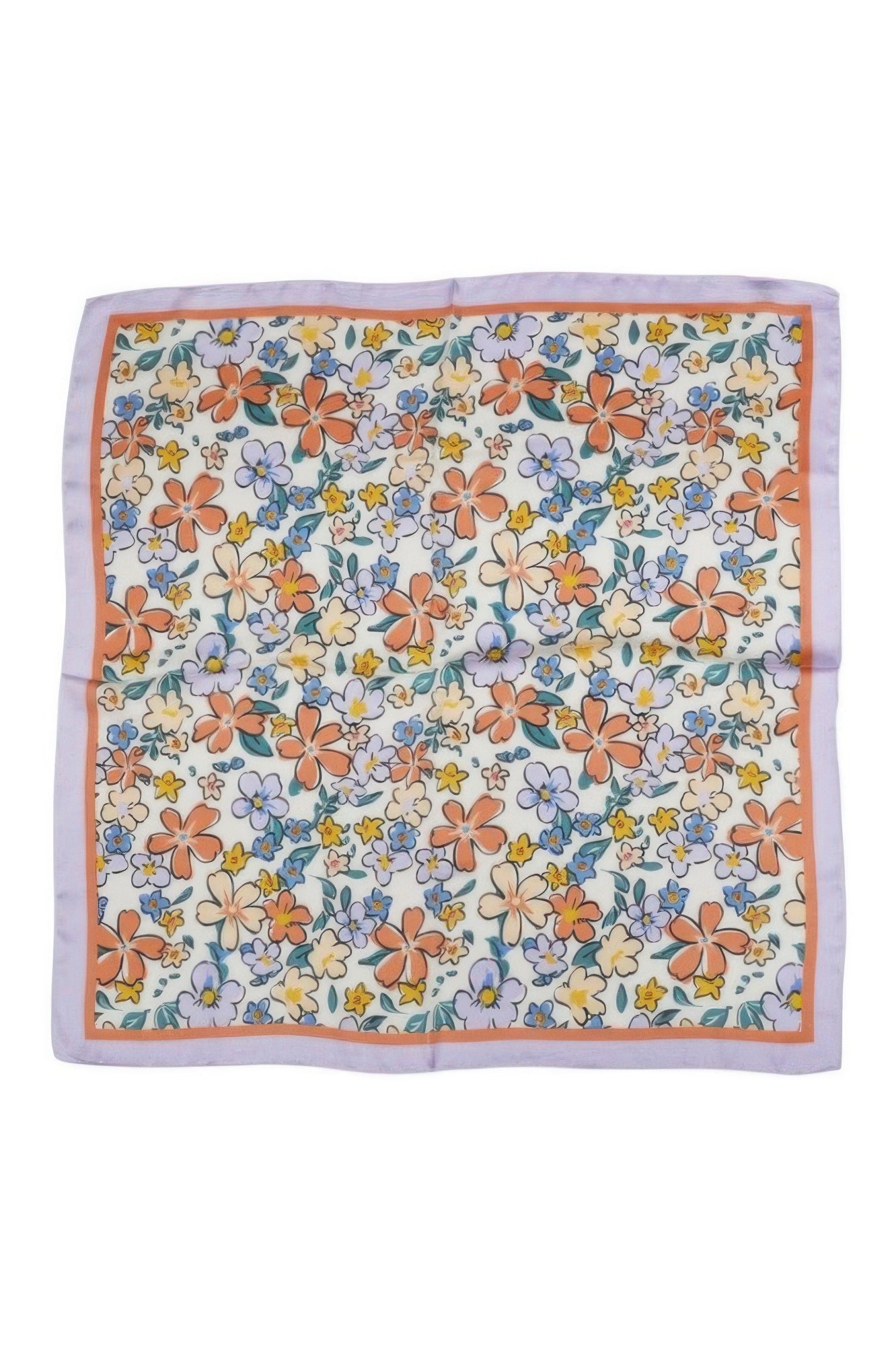 Flower Print Bandana with orange, blue, and yellow flowers on a white background with a purple border