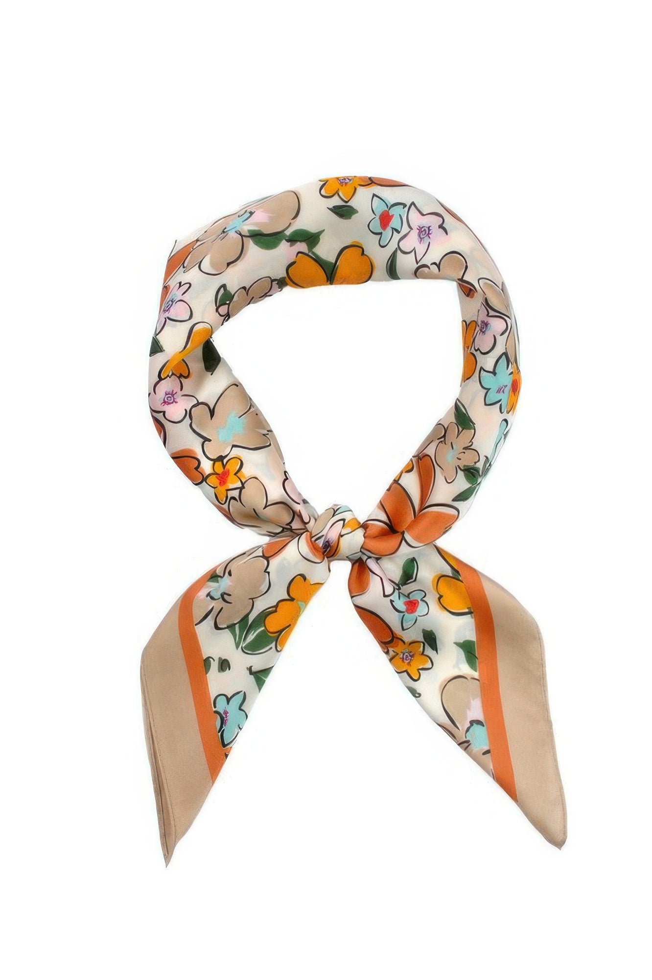 Flower Print Bandana with a cream background and orange, pink, and blue flowers