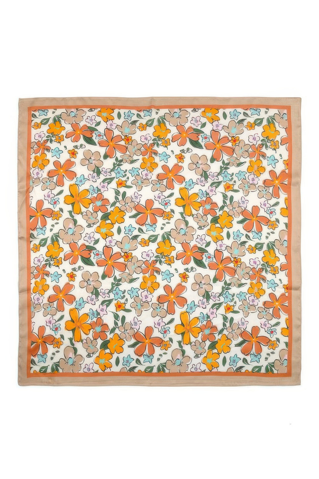 Flower Print Bandana with orange, yellow, blue, and brown flowers on a white background with a tan border
