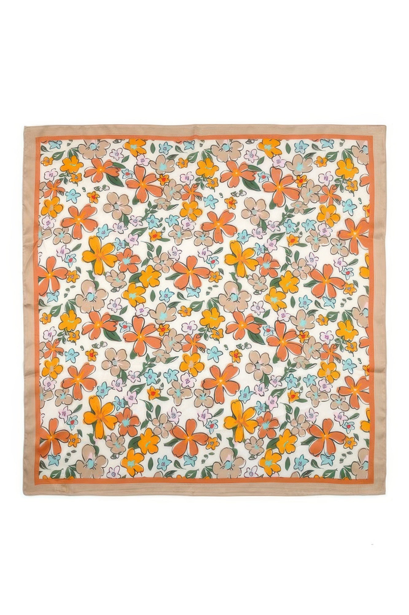 Flower Print Bandana with orange, yellow, blue, and brown flowers on a white background with a tan border