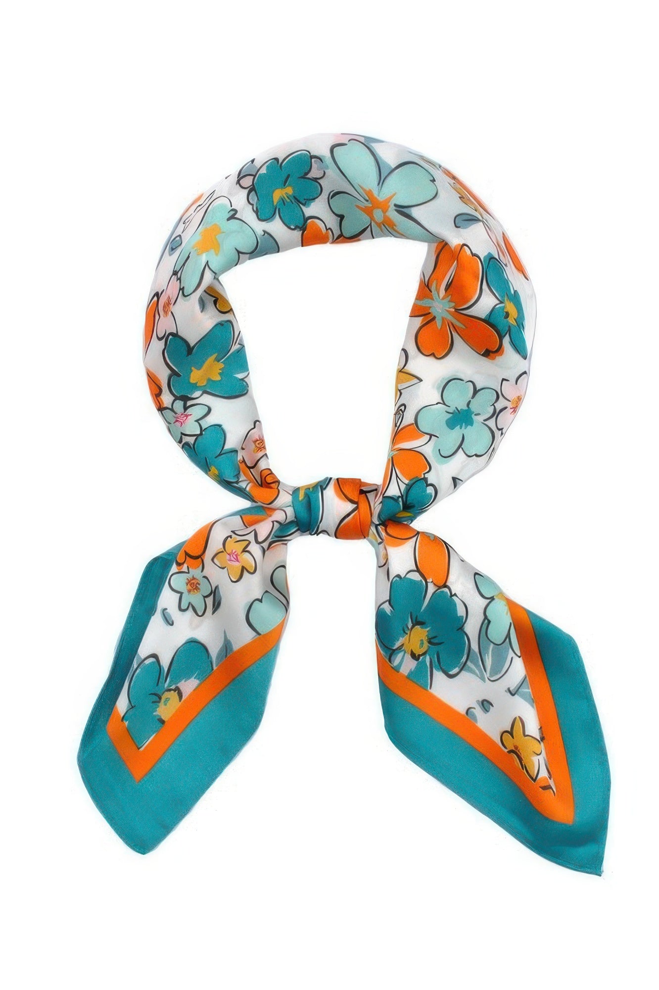 Flower Print Bandana, white with teal and orange flowers, tied in a knot