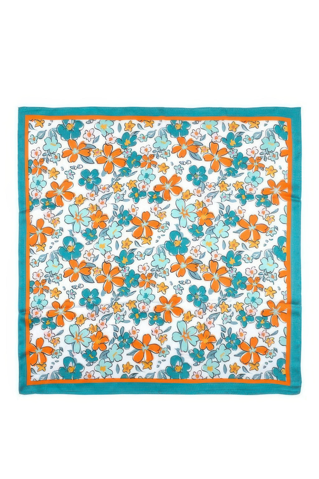 Flower Print Bandana with orange, teal, and light blue flowers on a white background, bordered by orange and teal