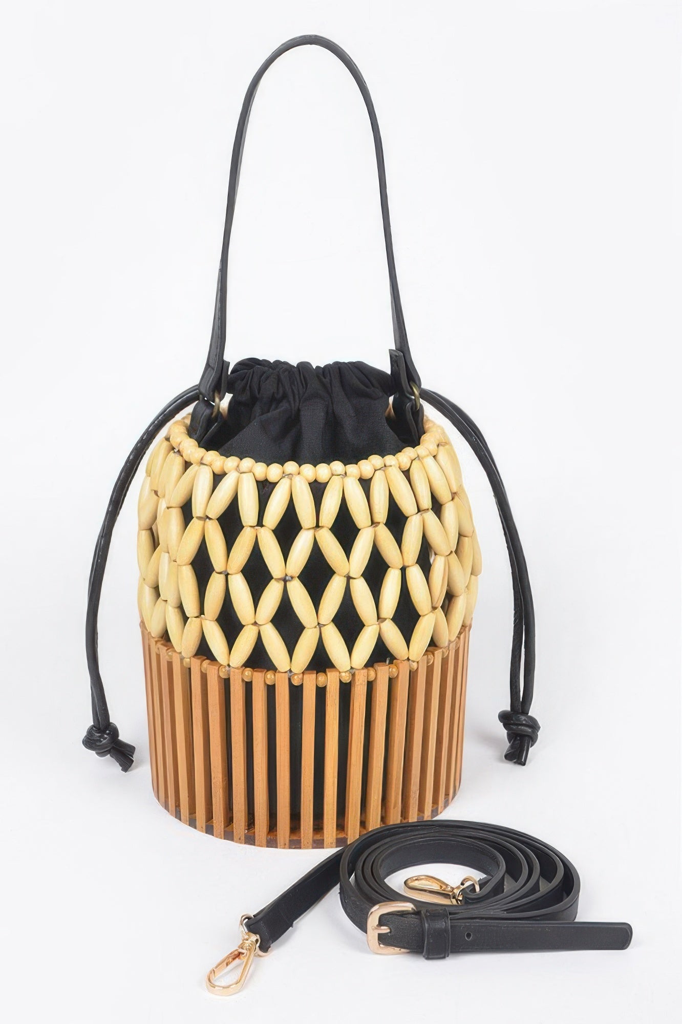 Handmade Bamboo Clutch with black drawstring lining and black shoulder strap