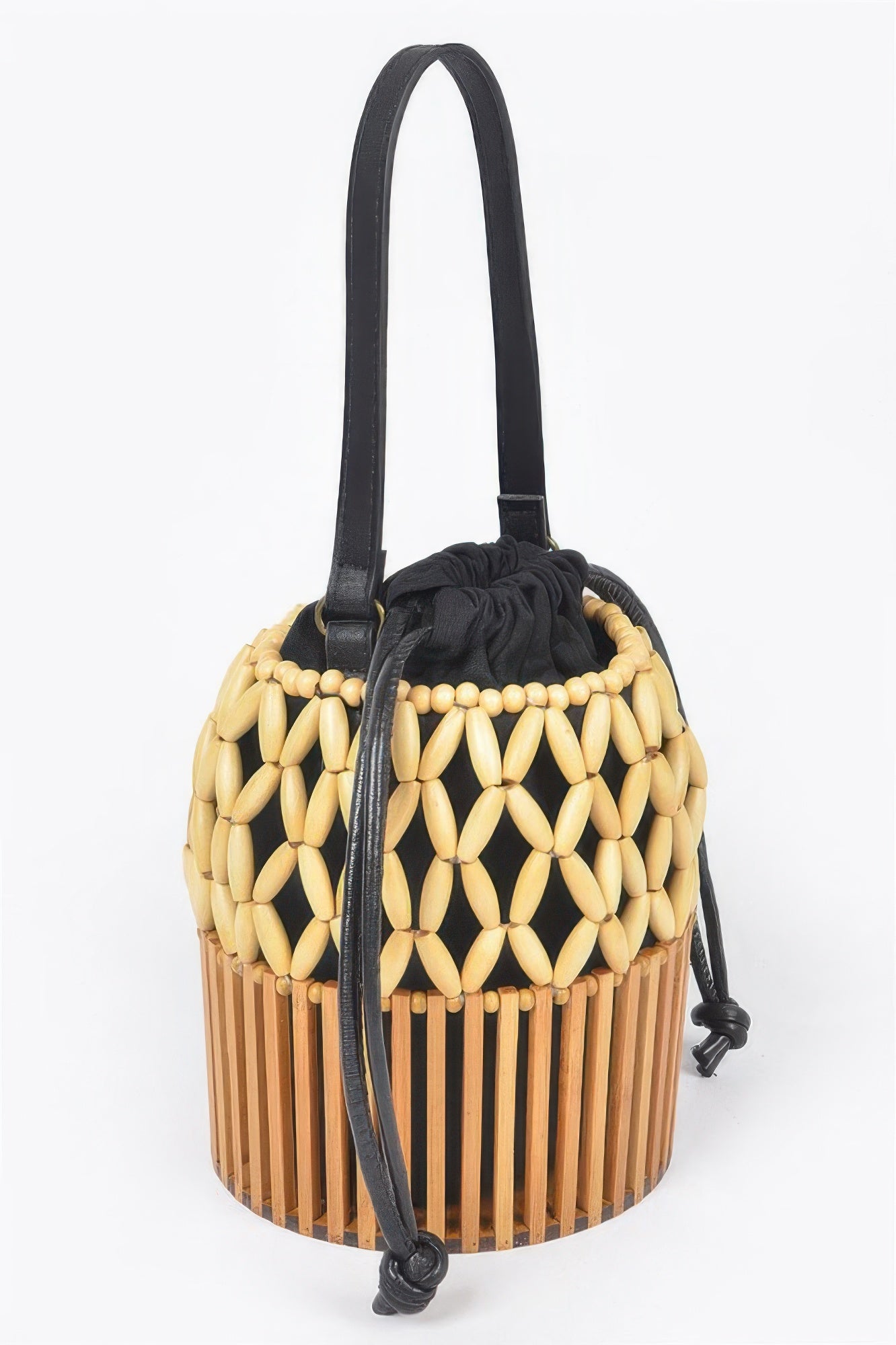 Handmade Bamboo Clutch with black drawstring lining and black leather strap