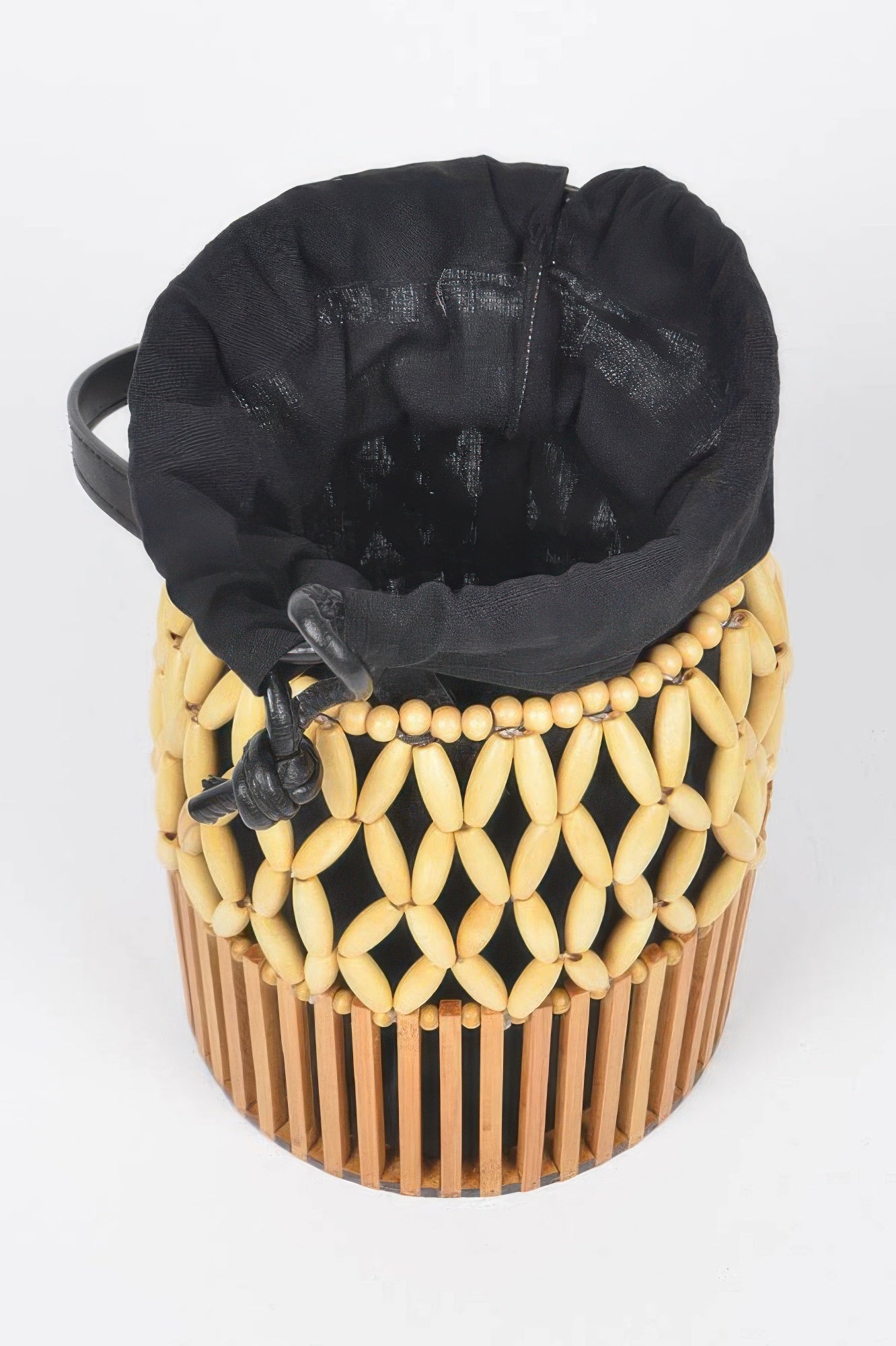 Handmade Bamboo Clutch with black fabric lining and drawstring closure