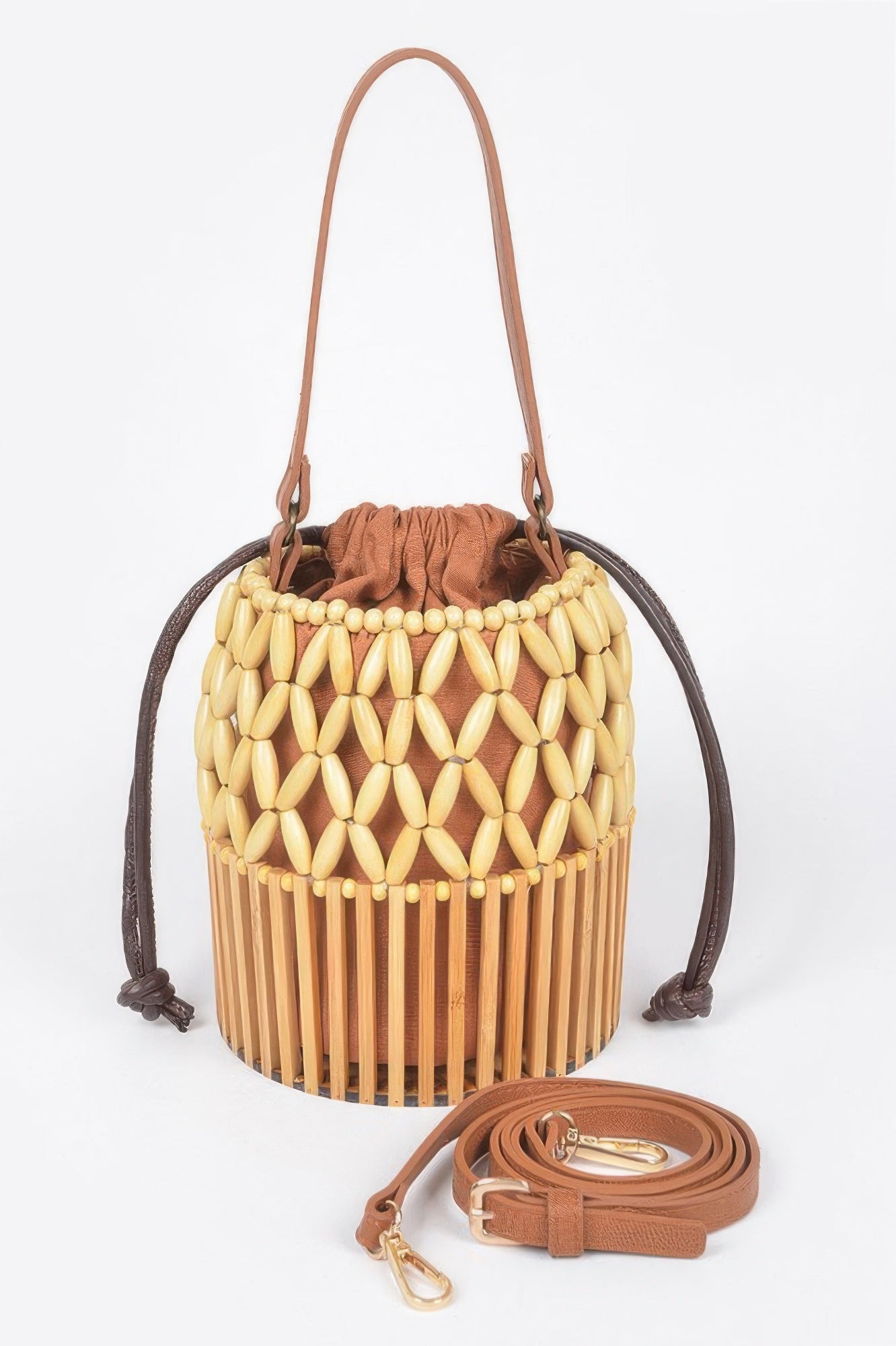Handmade Bamboo Clutch with brown leather strap and drawstring closure