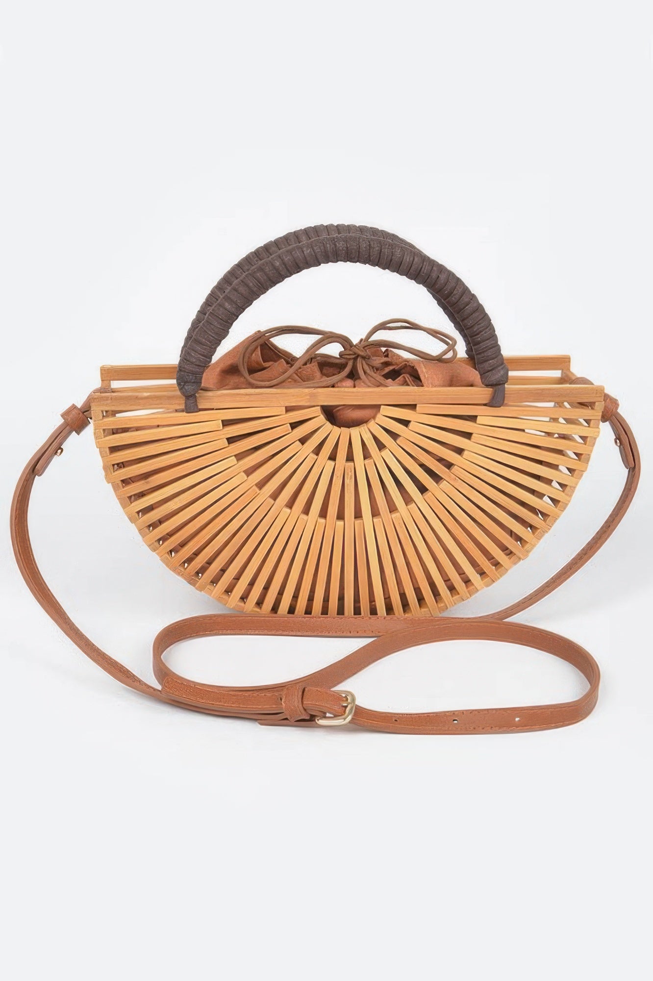 Handmade Bamboo Clutch with a brown leather strap and a dark brown woven handle