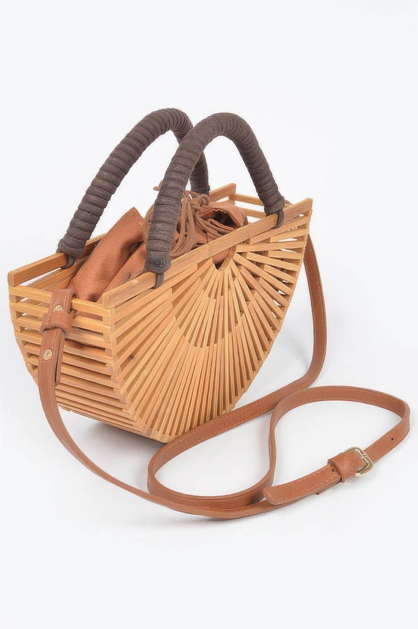 Handmade Bamboo Clutch with brown leather strap and handles