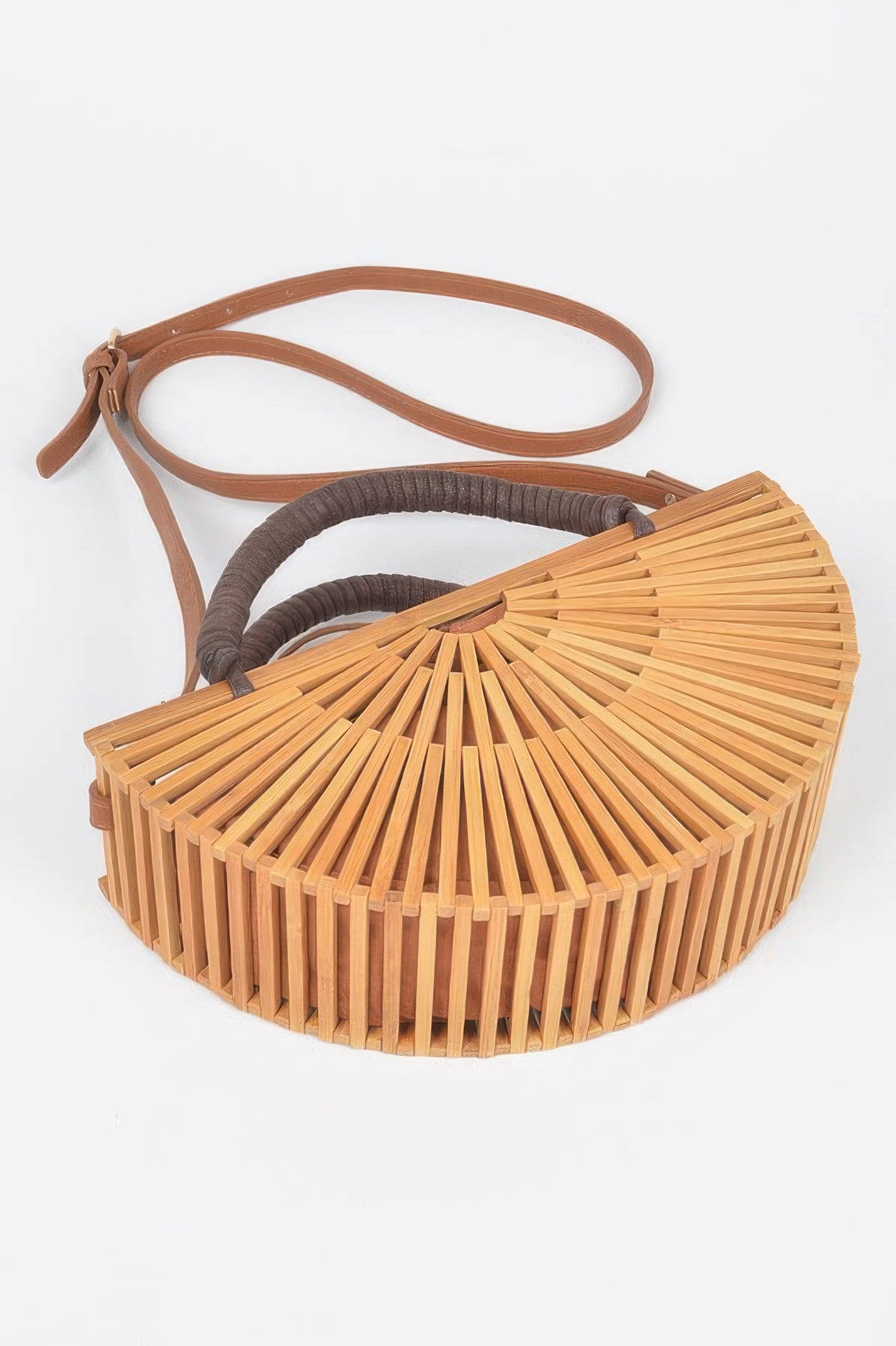 Handmade Bamboo Clutch with brown leather strap and dark brown wrapped handle