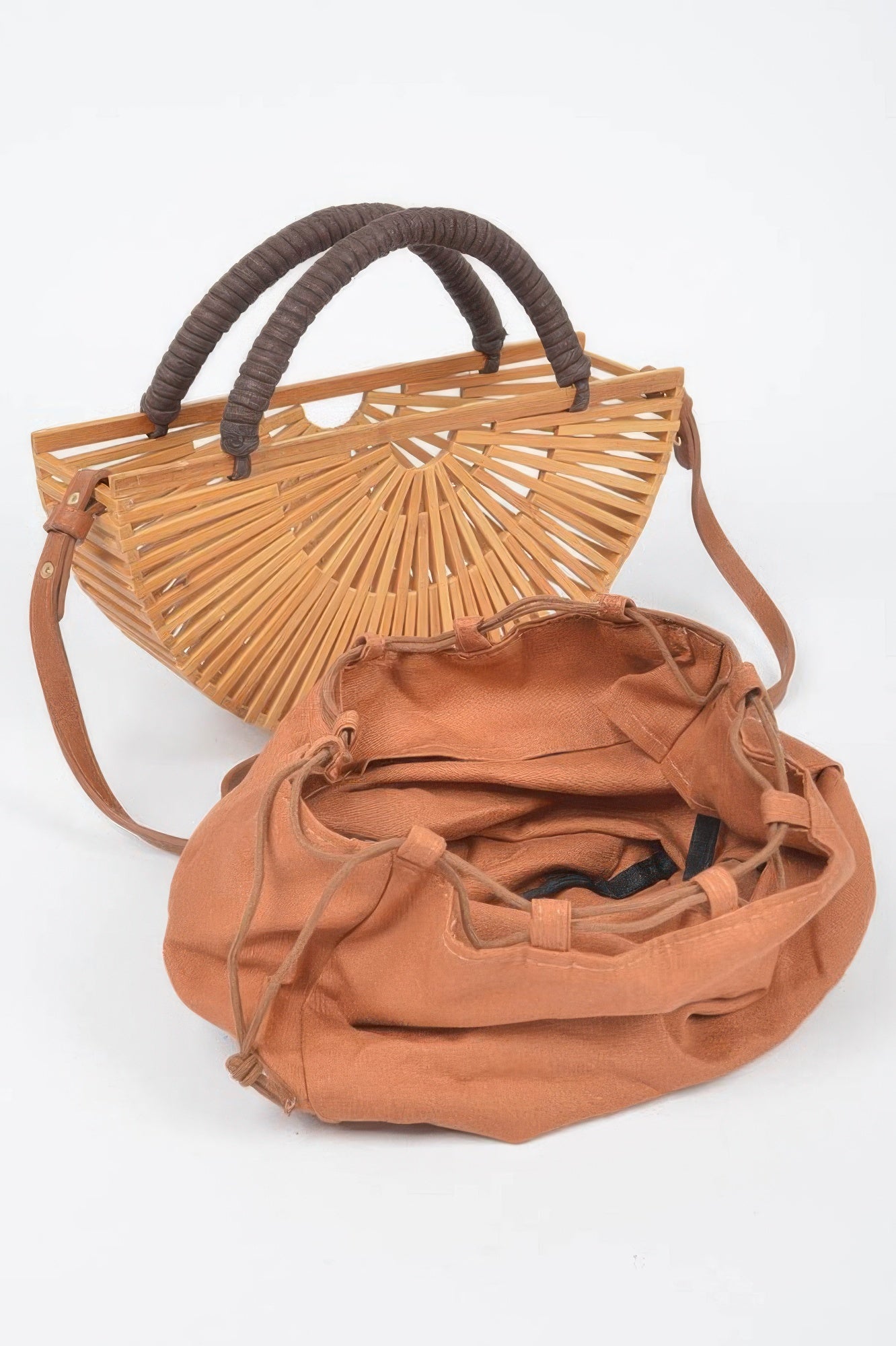 Handmade Bamboo Clutch with a brown leather drawstring pouch