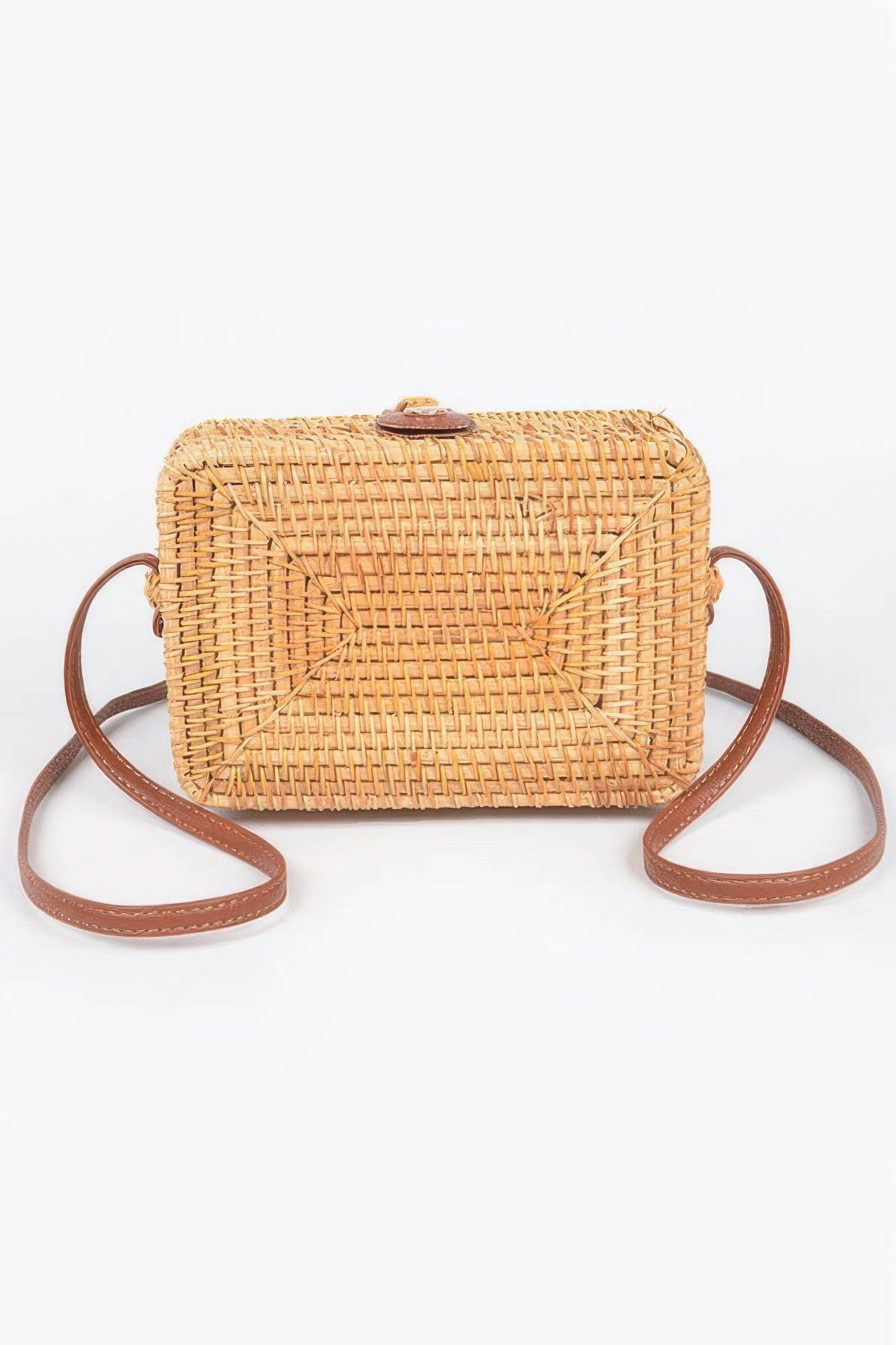 Crossbody Bamboo Box Bag, rectangular woven bamboo with brown leather strap and closure