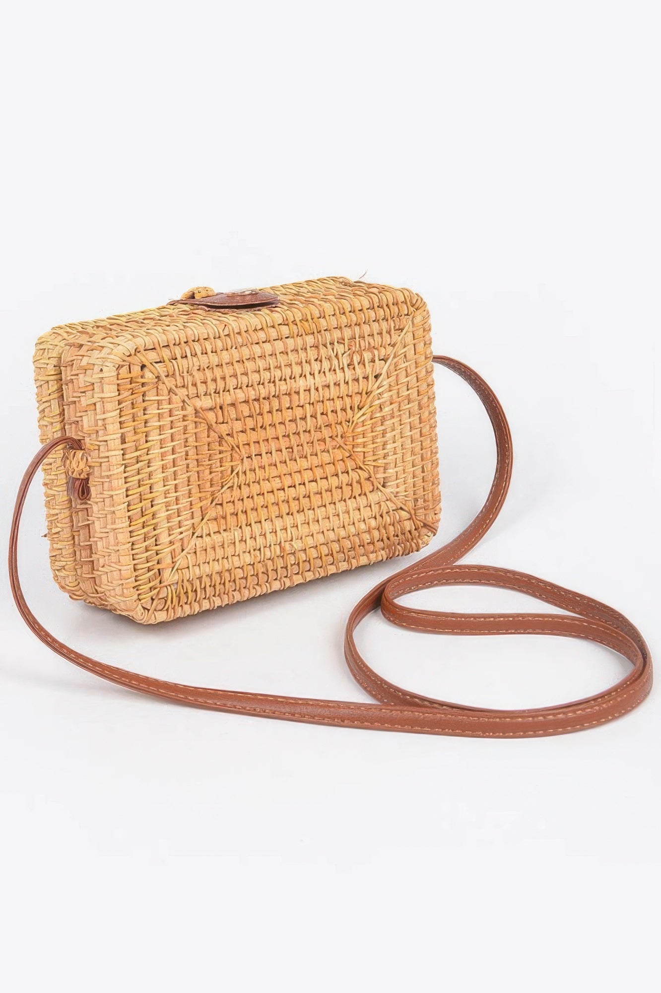 Crossbody Bamboo Box Bag, rectangular woven bamboo with a brown leather strap and closure