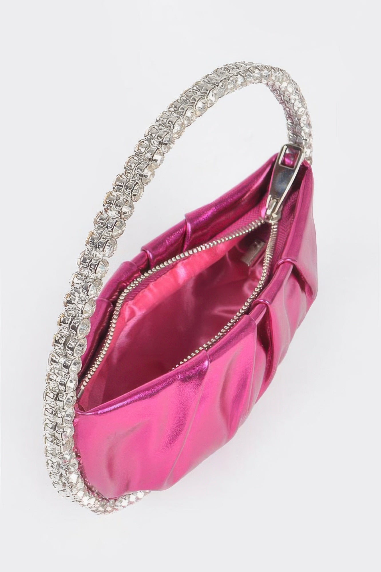 Metallic Luna Bag with stone handle, open with a pink interior
