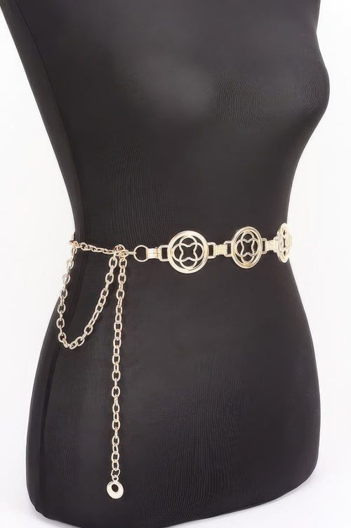 Chain Belt with decorative circular links and dangling chains on a black mannequin
