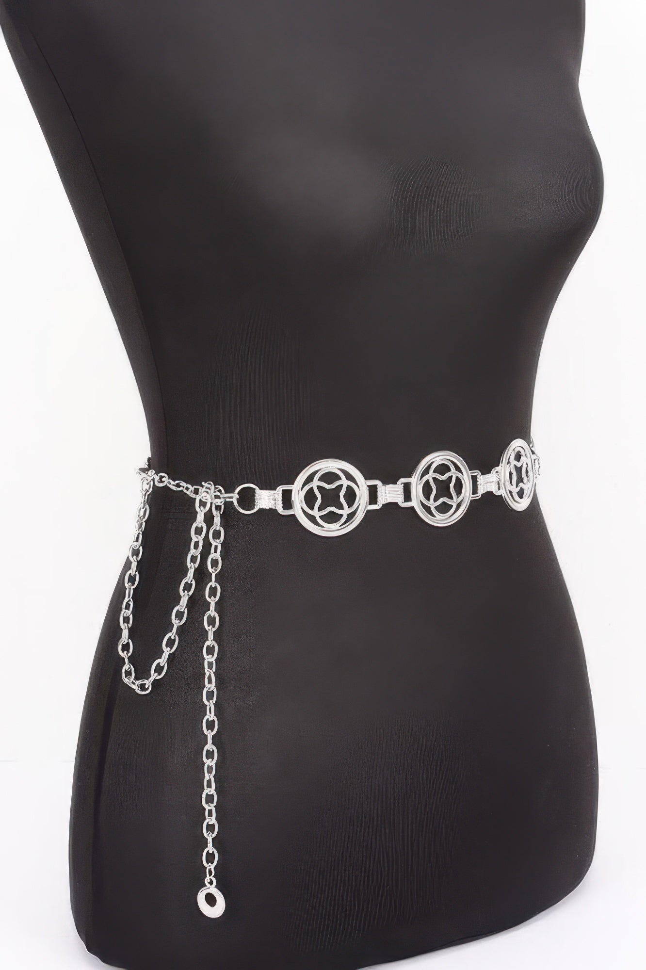 Chain Belt with circular ornaments and dangling chains on a black mannequin