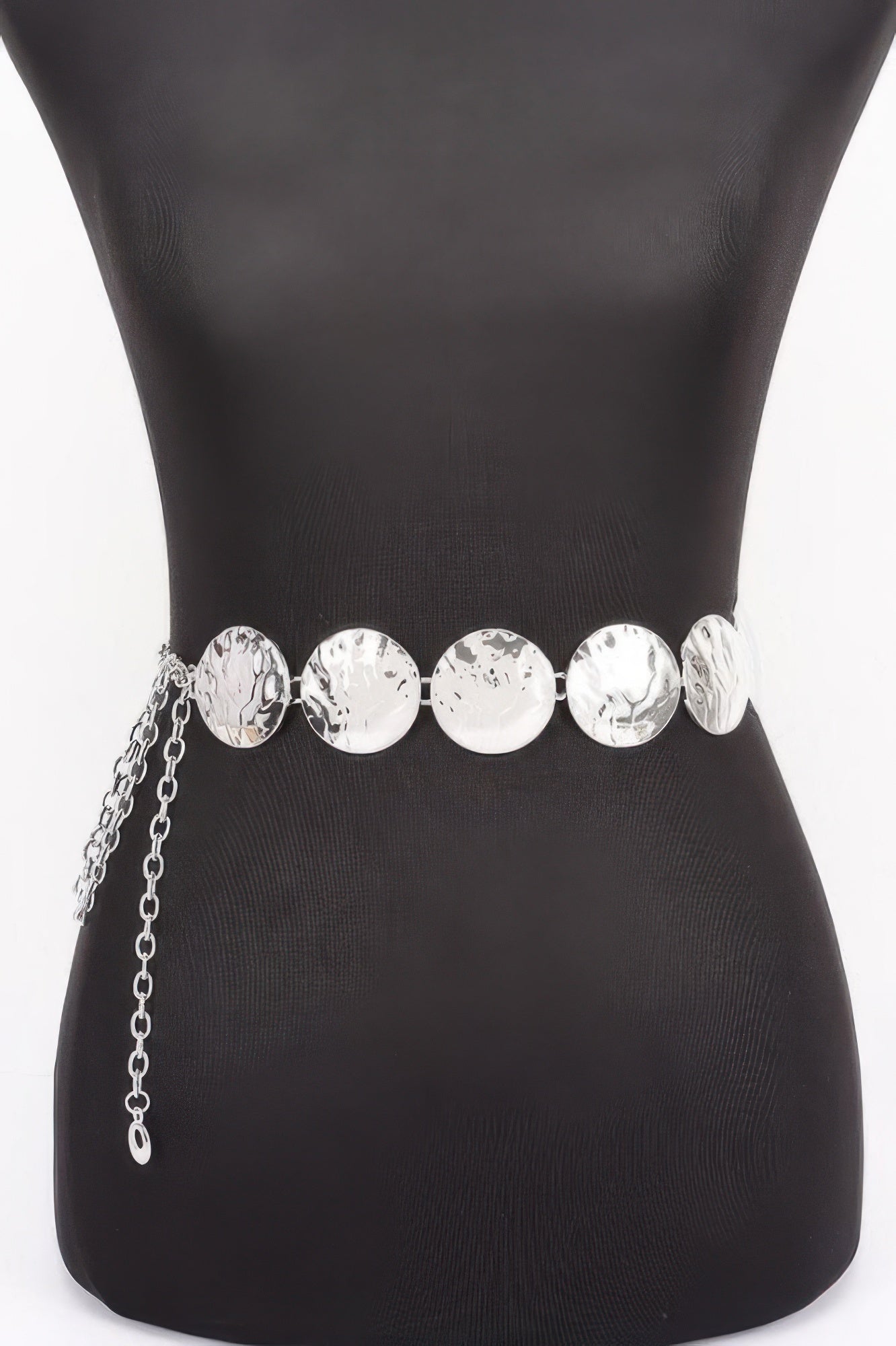 Vintage Chain Belt with large, hammered silver-tone discs and a dangling chain detail on a black mannequin