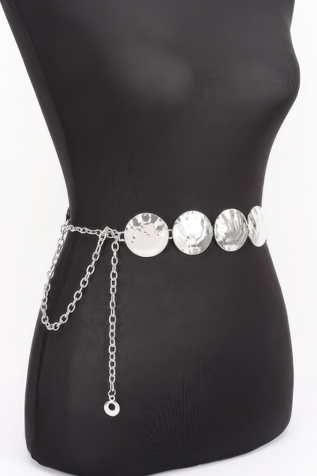 Vintage Chain Belt with hammered silver discs on a black mannequin