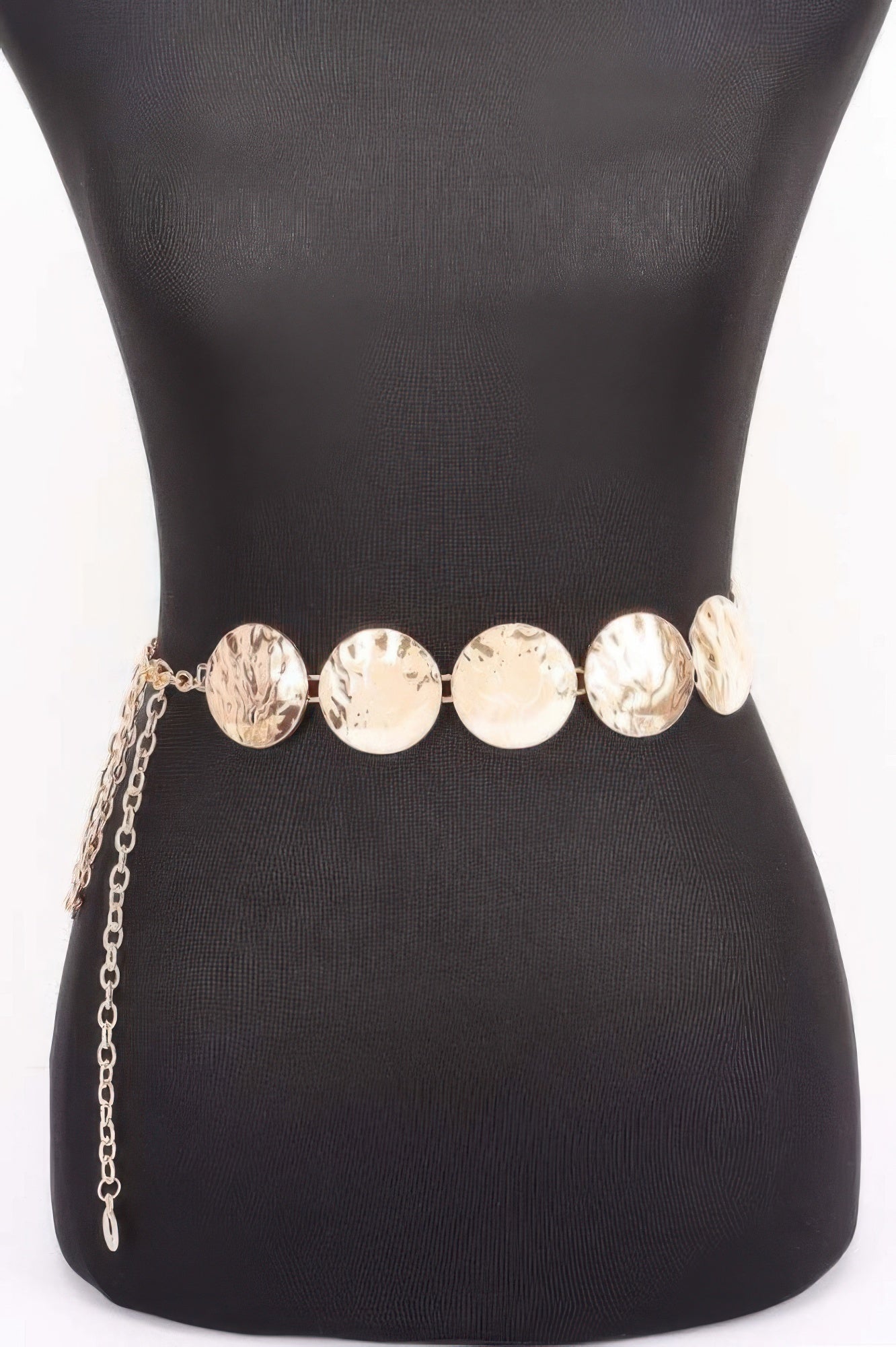 Vintage Chain Belt with hammered gold-tone discs and draped chains on a black mannequin