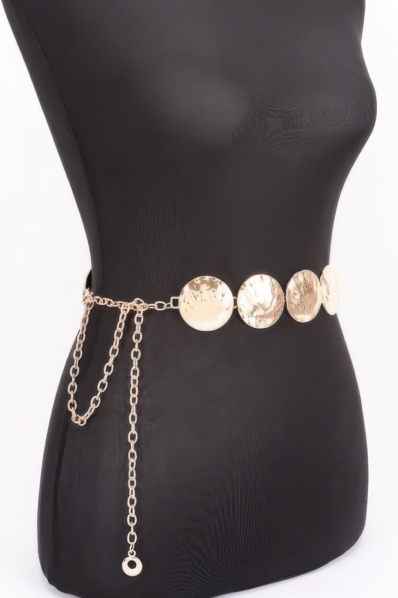 Vintage Chain Belt with large hammered gold discs and dangling chains on a black mannequin