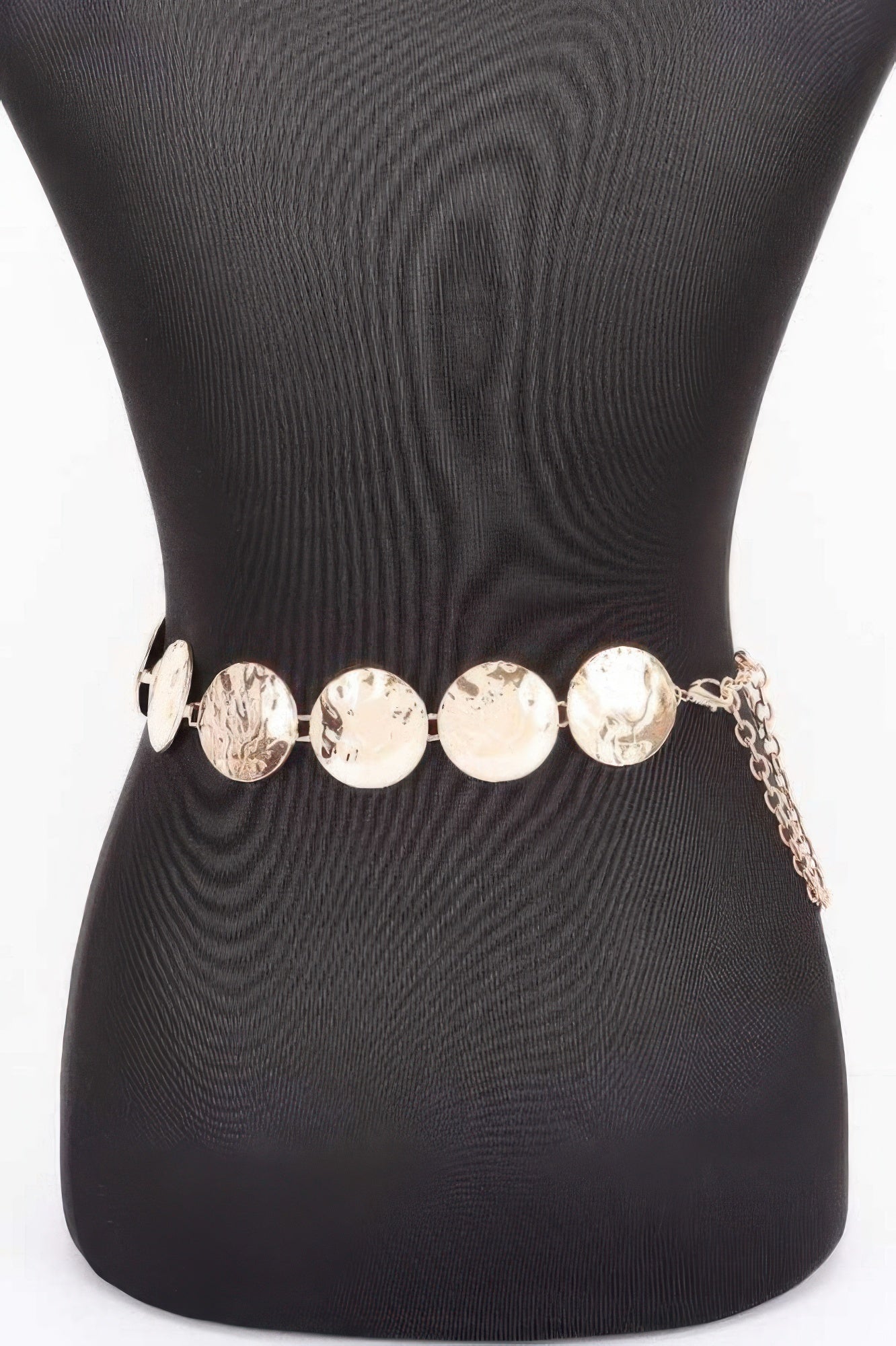 Vintage Chain Belt with hammered gold-tone discs on a black mannequin