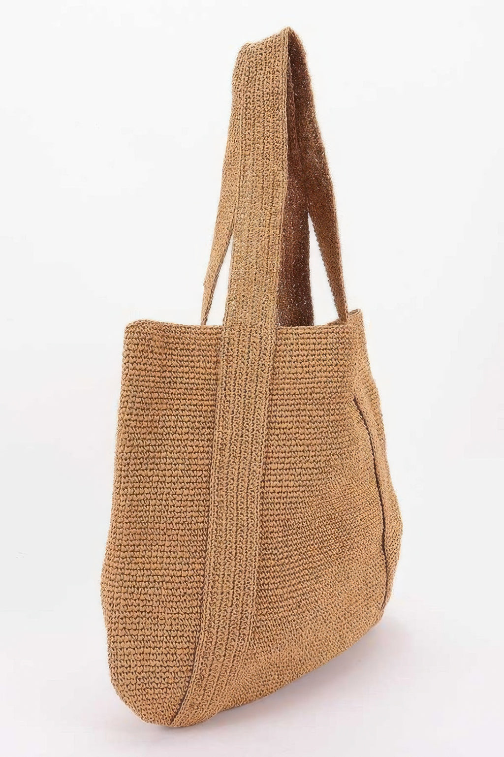 Woven Straw Tote Bag in a light brown color with a textured weave and two sturdy handles