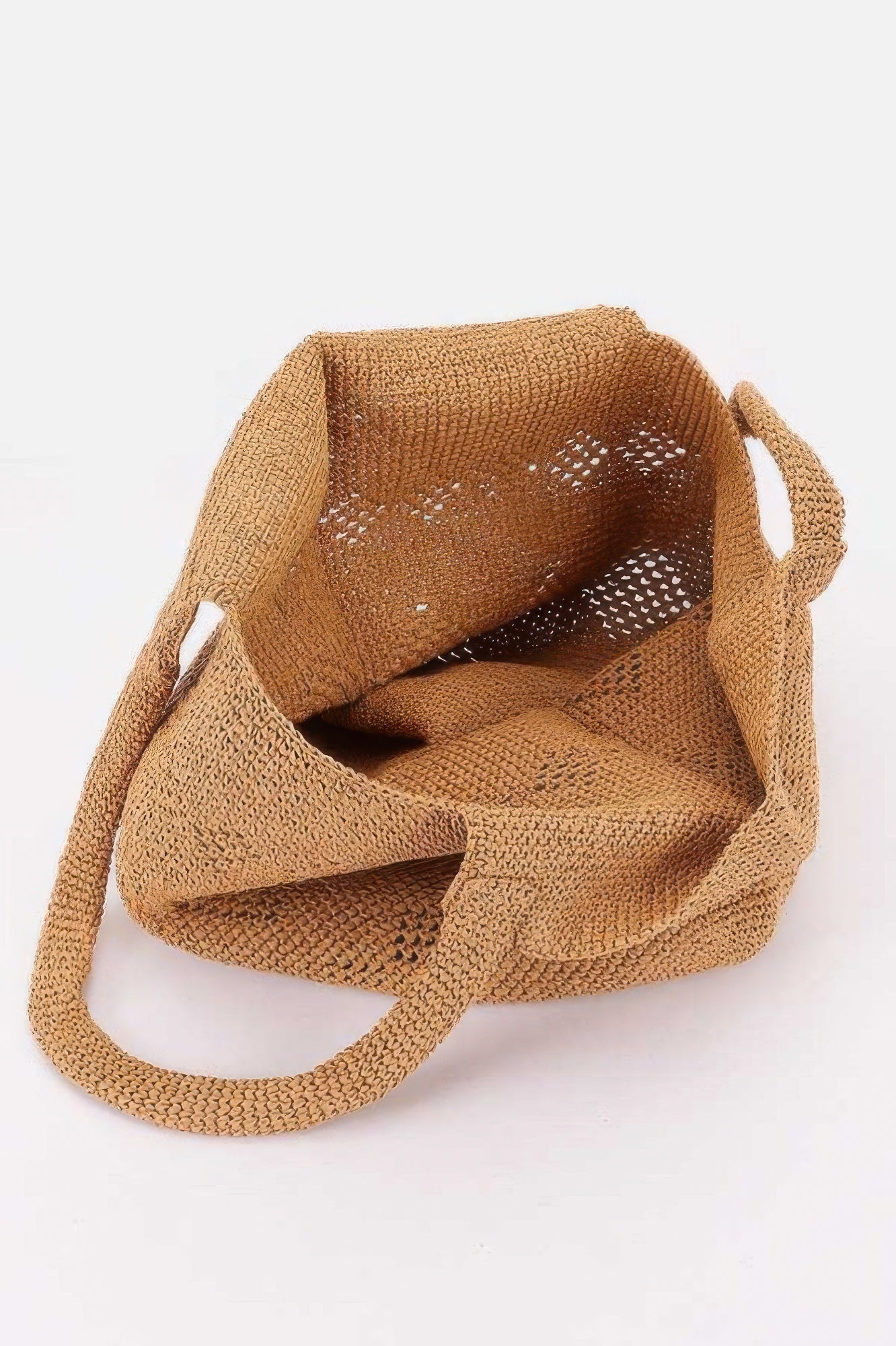 Woven Straw Tote Bag, light brown, with a loose weave and two handles, on a white background