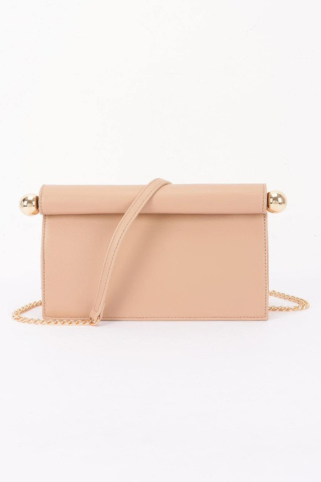 Roll-top Sphere Accent Chain Clutch in a light beige color with gold sphere accents and a gold chain strap