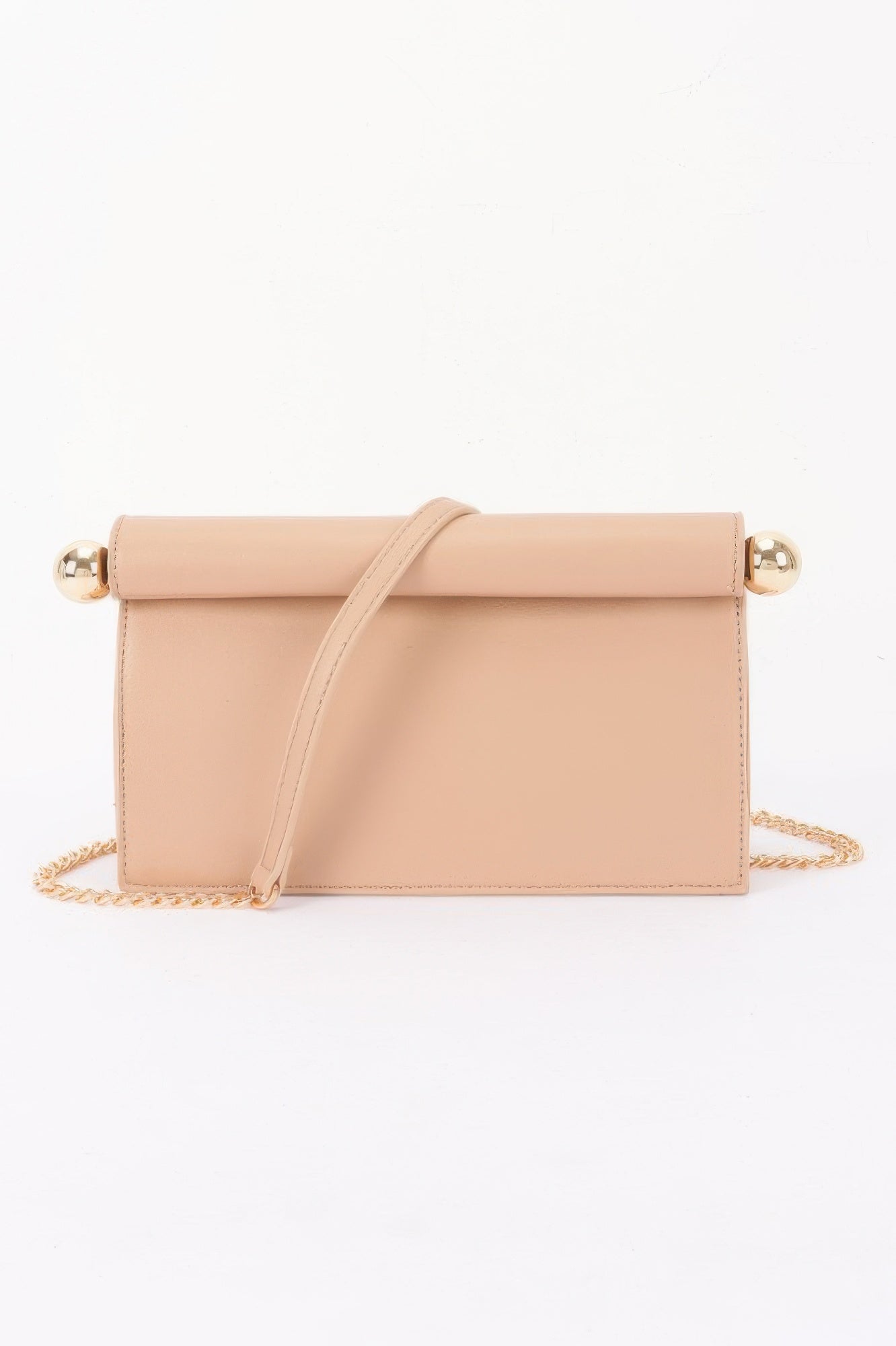Roll-top Sphere Accent Chain Clutch in a light beige color with gold sphere accents and a gold chain strap