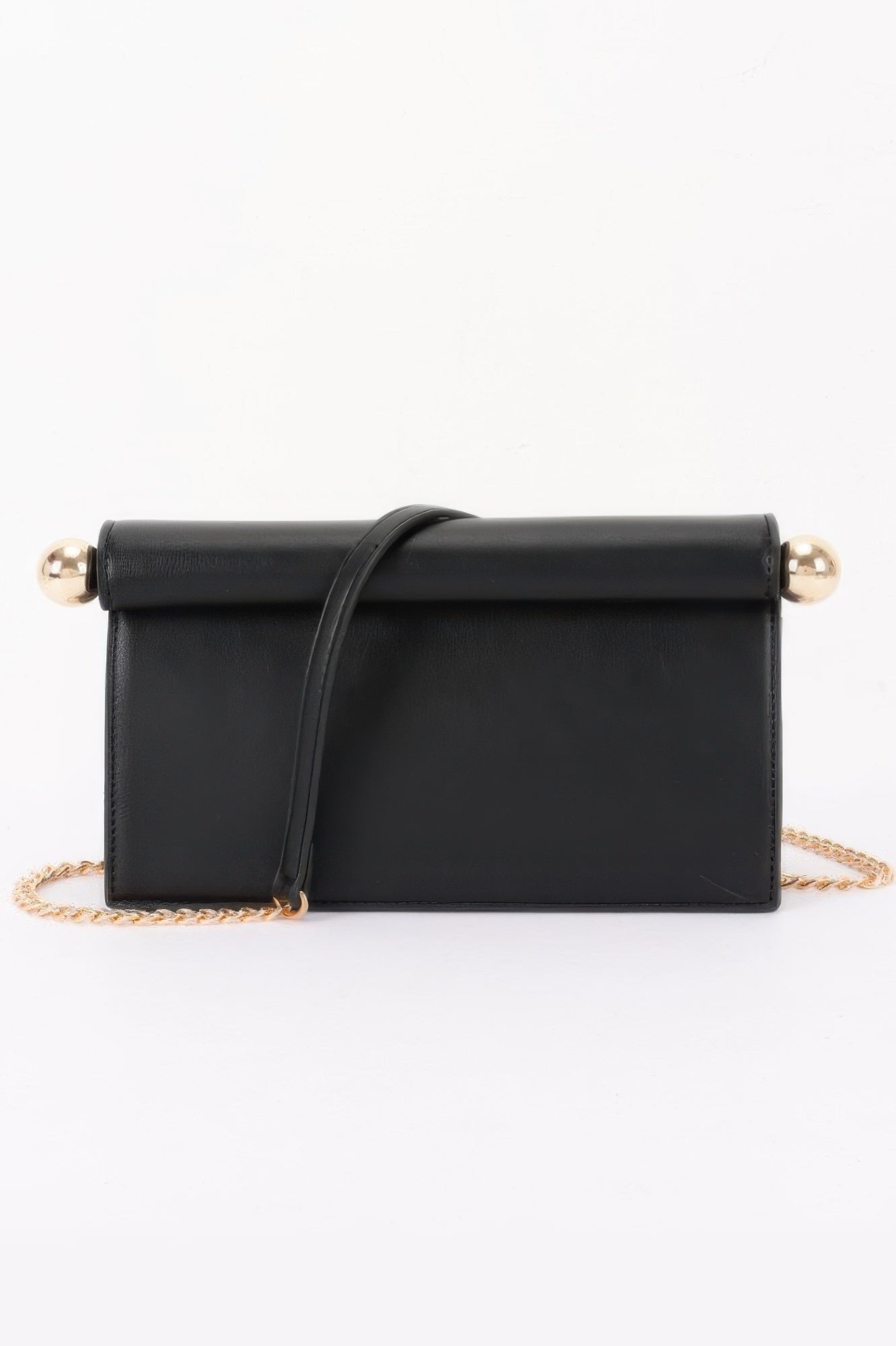 Roll-top Sphere Accent Chain Clutch in black with gold sphere accents and a gold chain strap