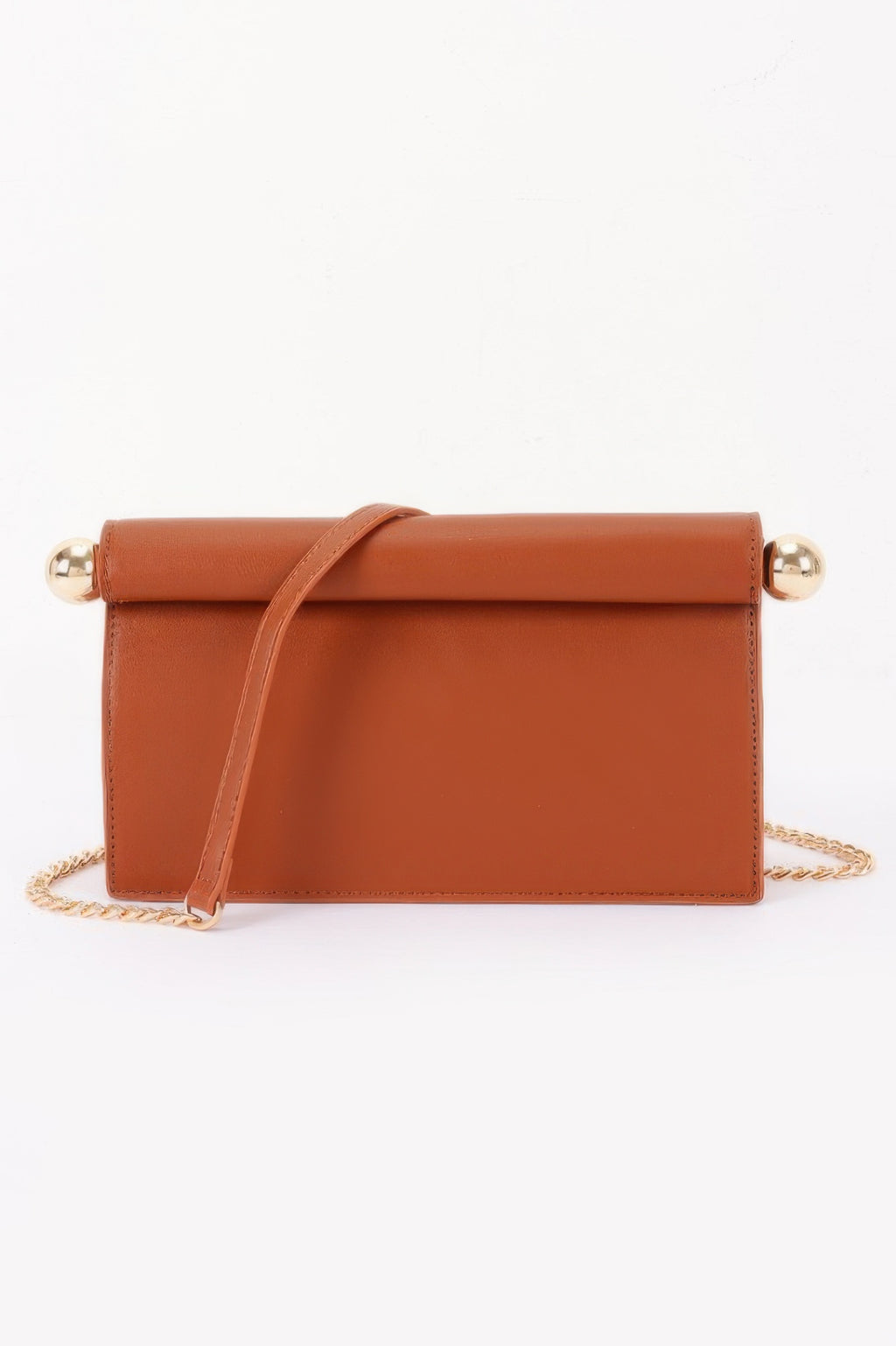 Roll-top Sphere Accent Chain Clutch in brown with gold sphere accents and a gold chain strap
