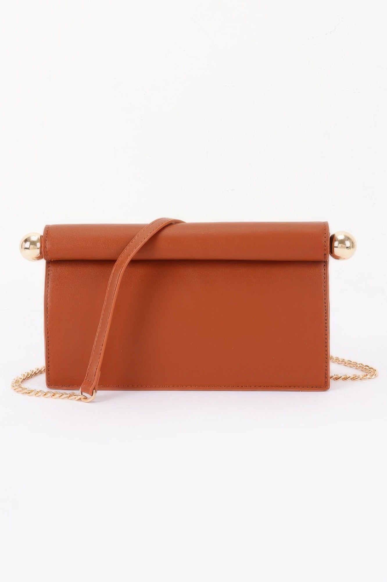 Roll-top Sphere Accent Chain Clutch in brown with gold sphere accents and a gold chain strap