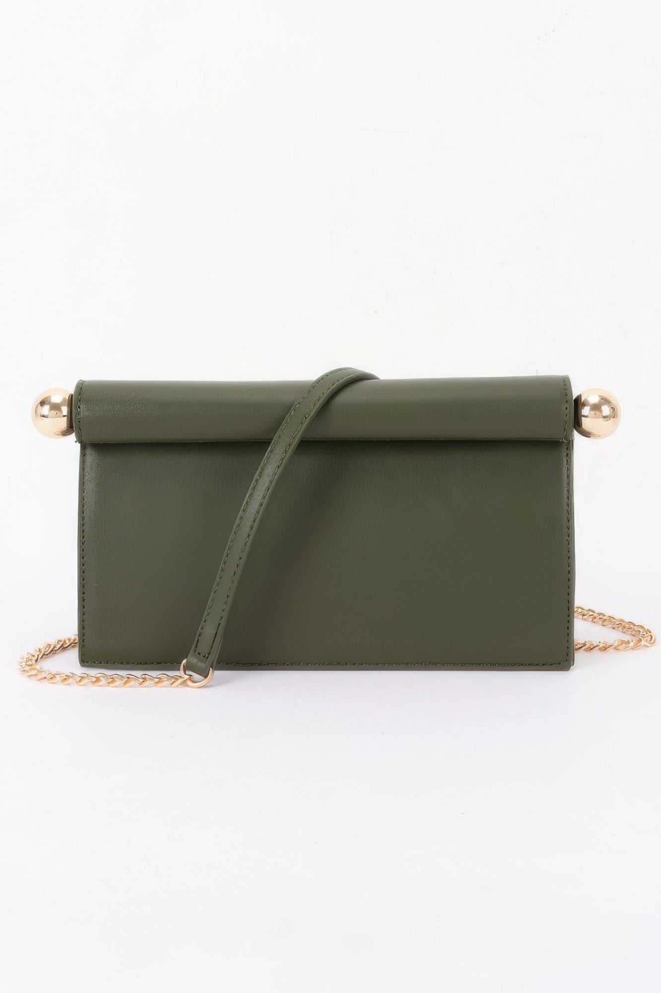 Roll-top Sphere Accent Chain Clutch in olive green with gold-tone sphere accents and a gold chain strap