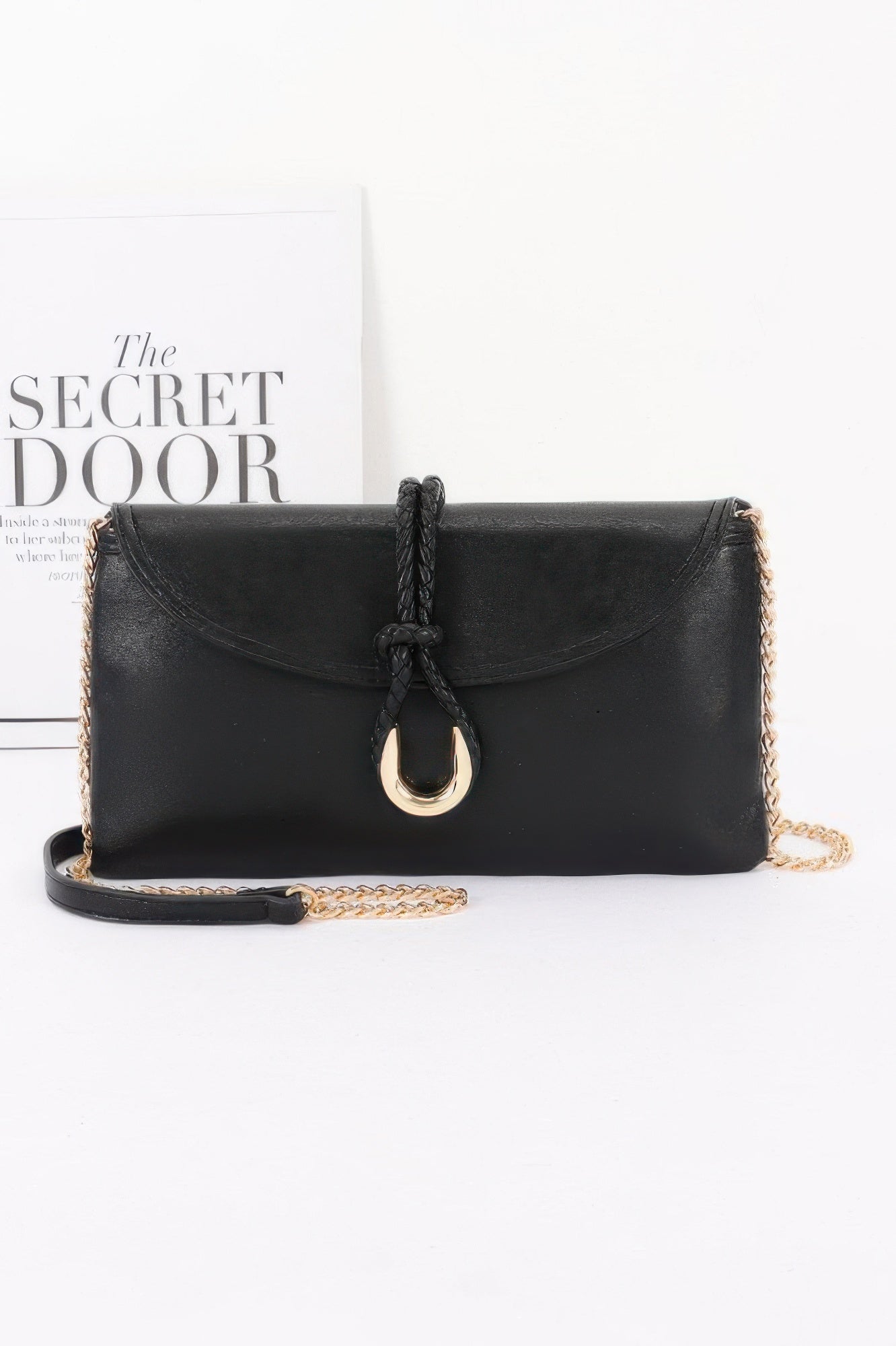 Vegan Leather Envelope Clutch Bag with gold chain strap and braided detail