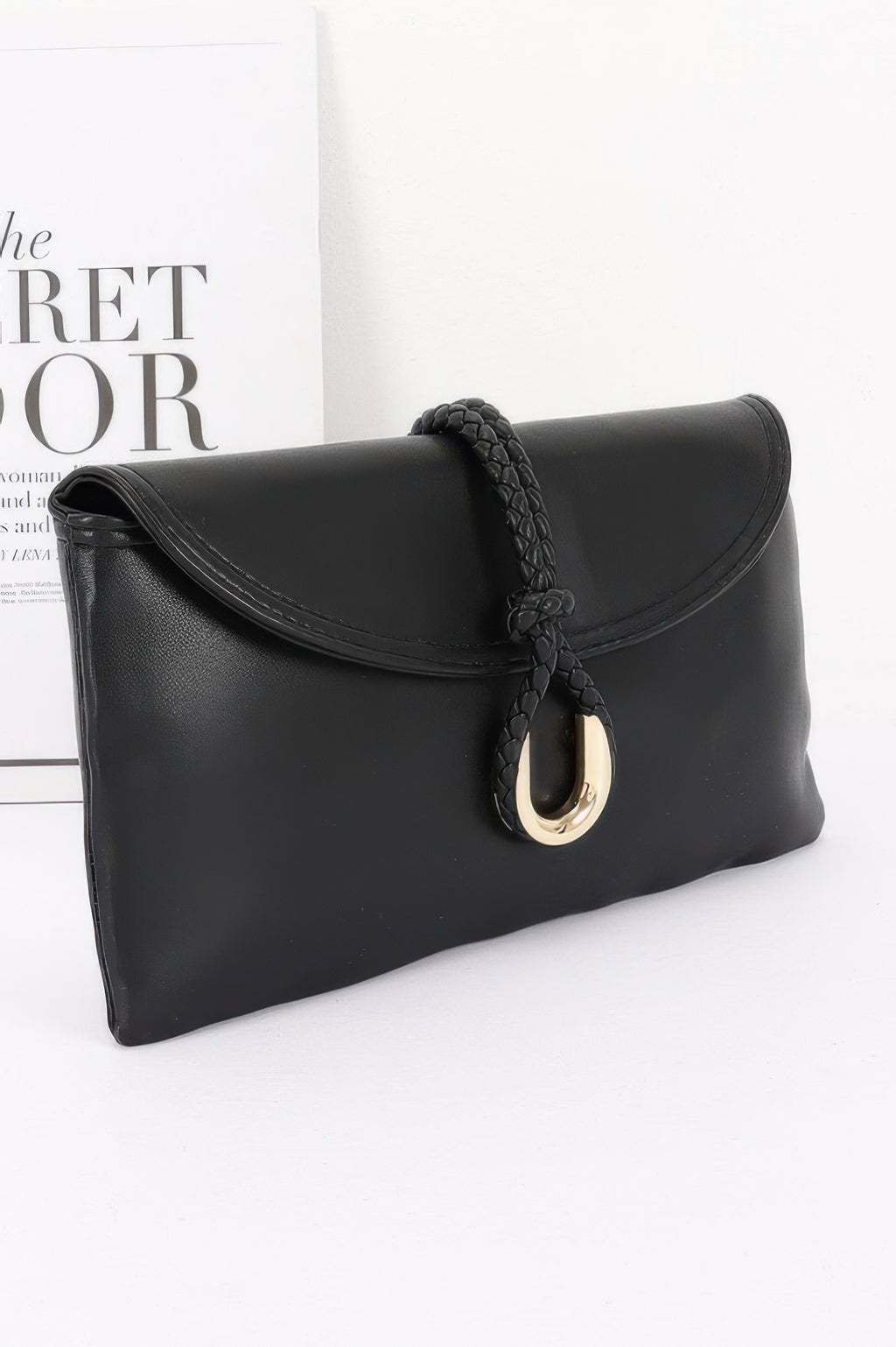 Vegan Leather Envelope Clutch Bag in black with a braided strap and gold-tone hardware