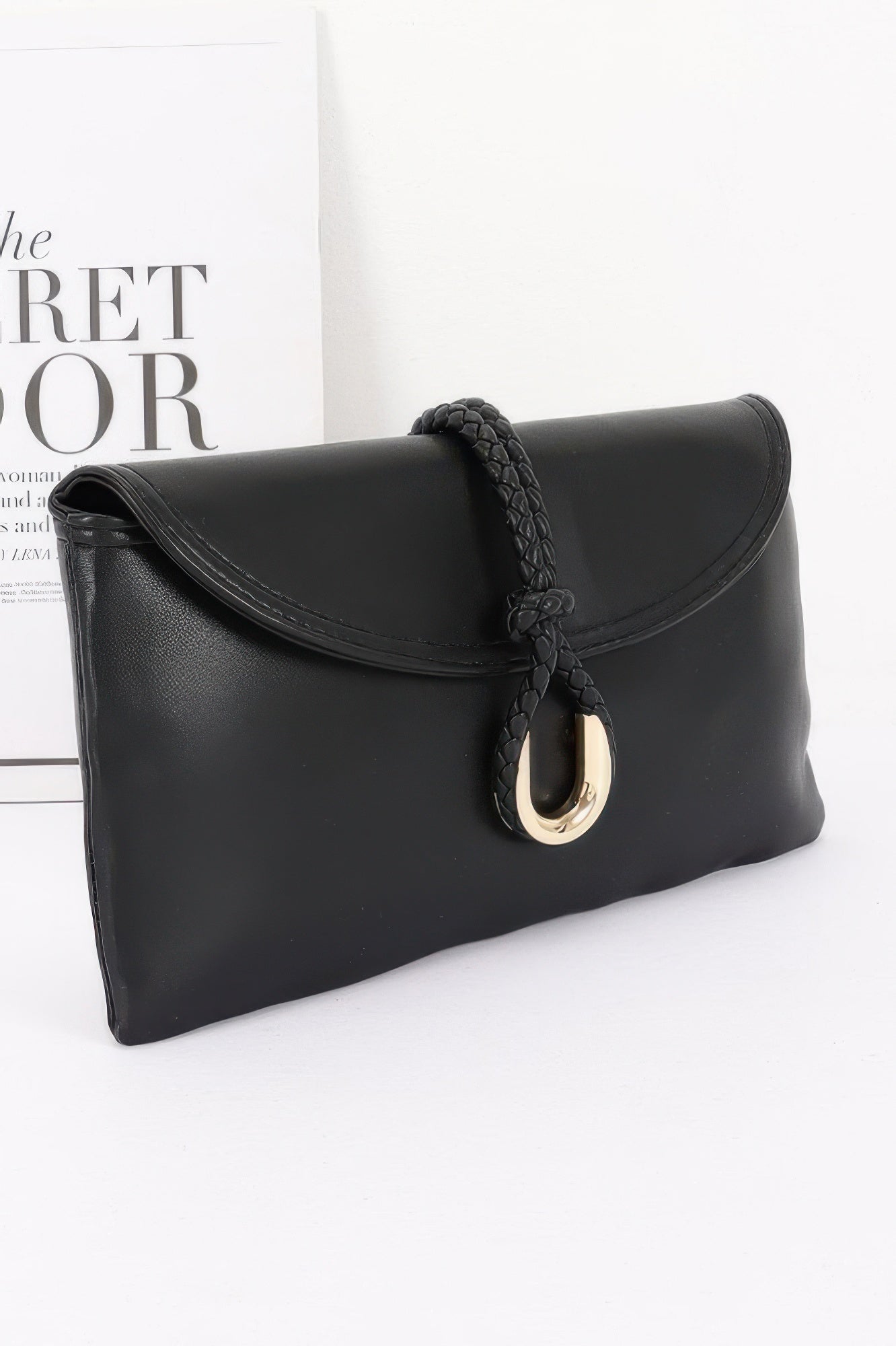 Vegan Leather Envelope Clutch Bag in black with a braided strap and gold-tone hardware