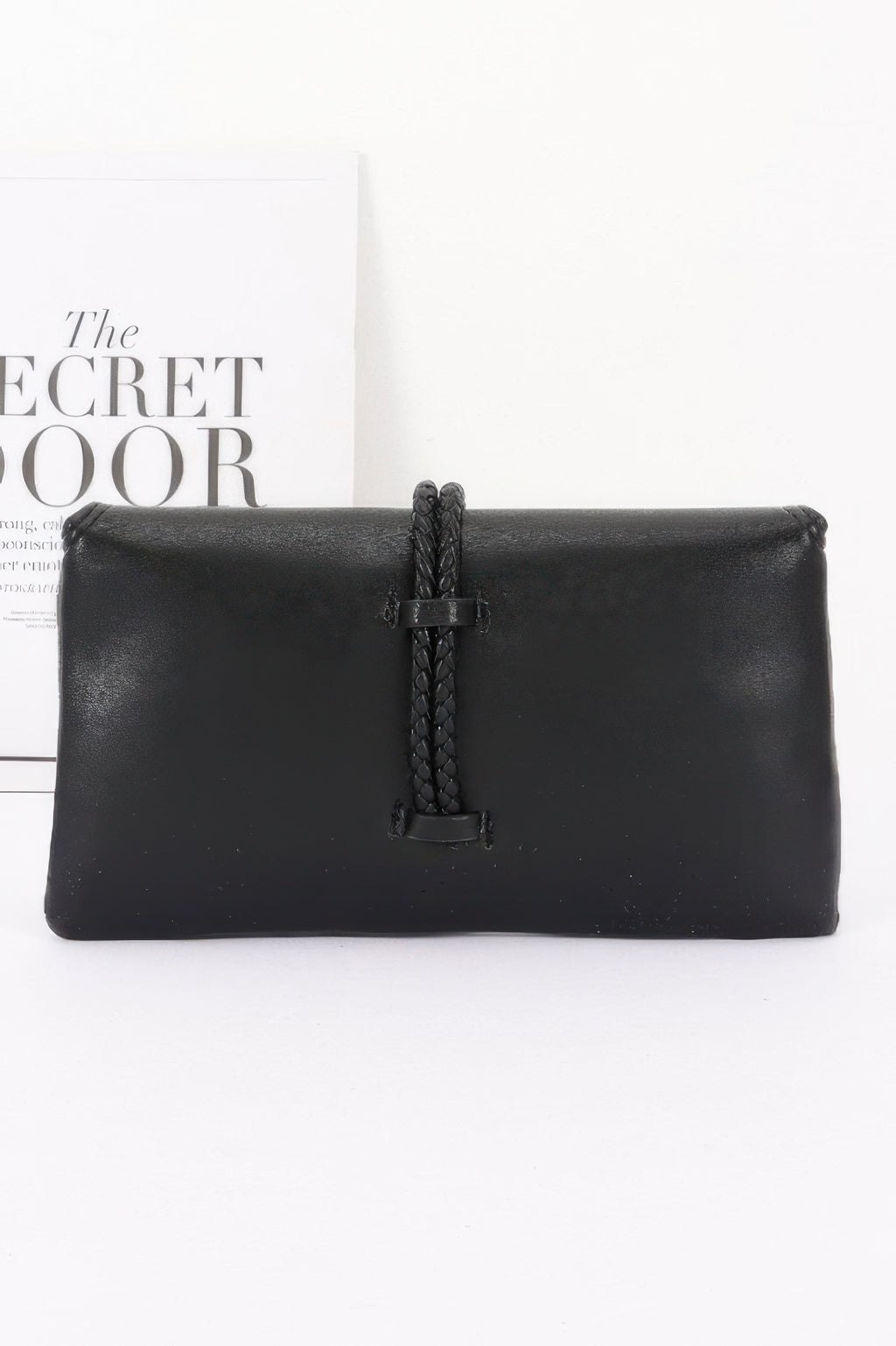 Vegan Leather Envelope Clutch Bag in black with braided detail