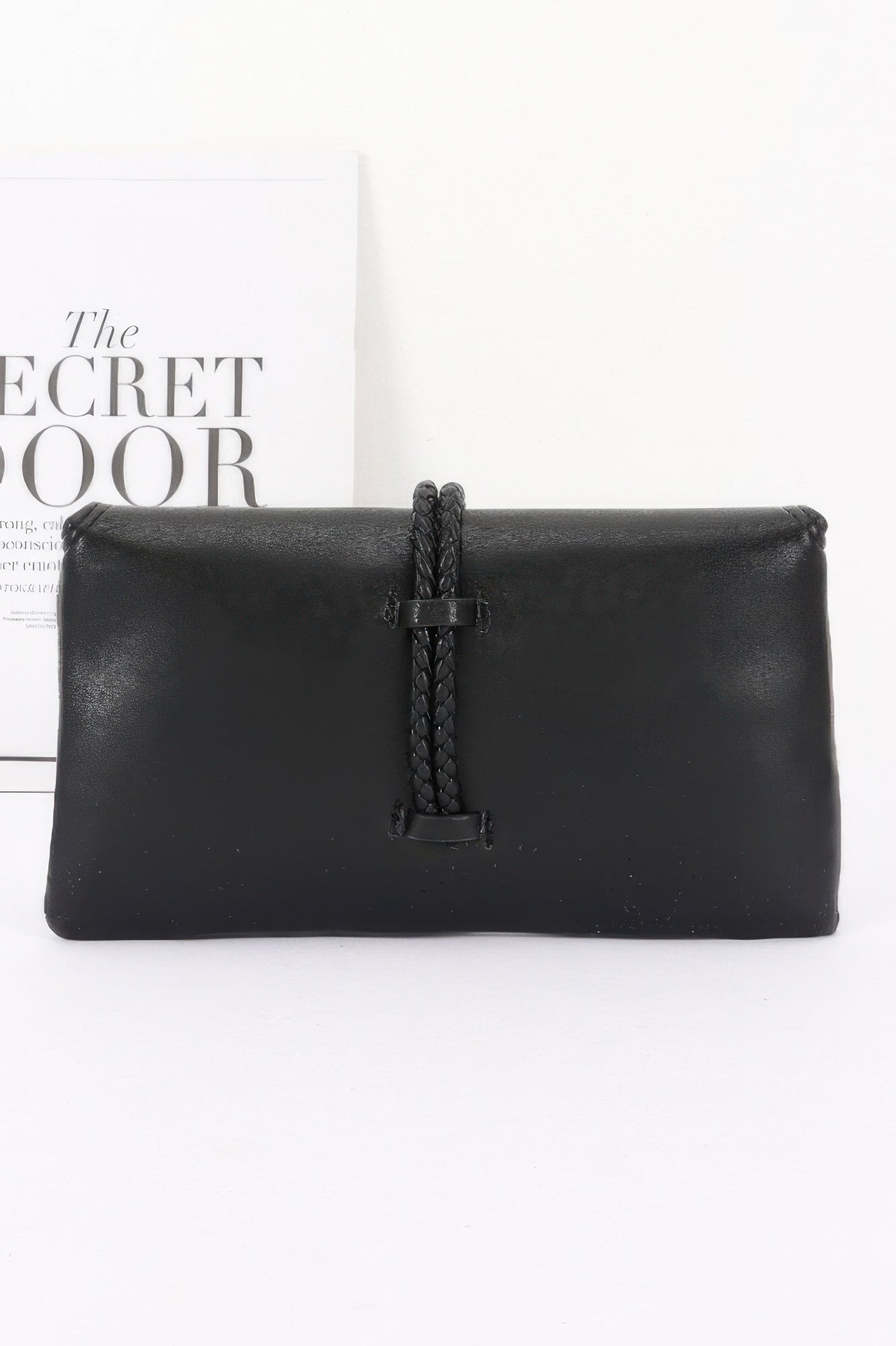 Vegan Leather Envelope Clutch Bag in black with braided detail