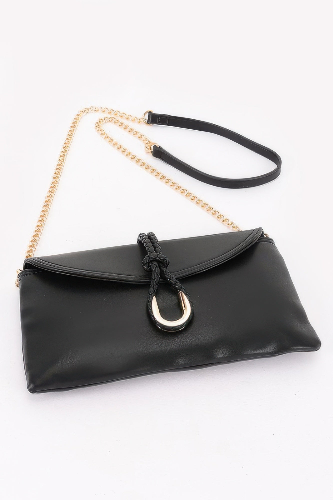 Vegan Leather Envelope Clutch Bag in black with a gold chain strap and a braided knot detail
