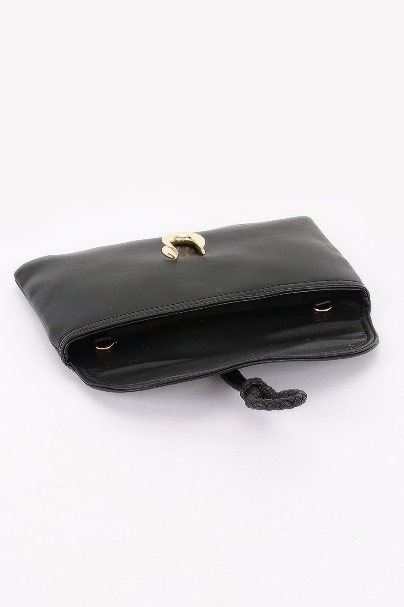 Vegan Leather Envelope Clutch Bag in black with gold clasp and braided wrist strap